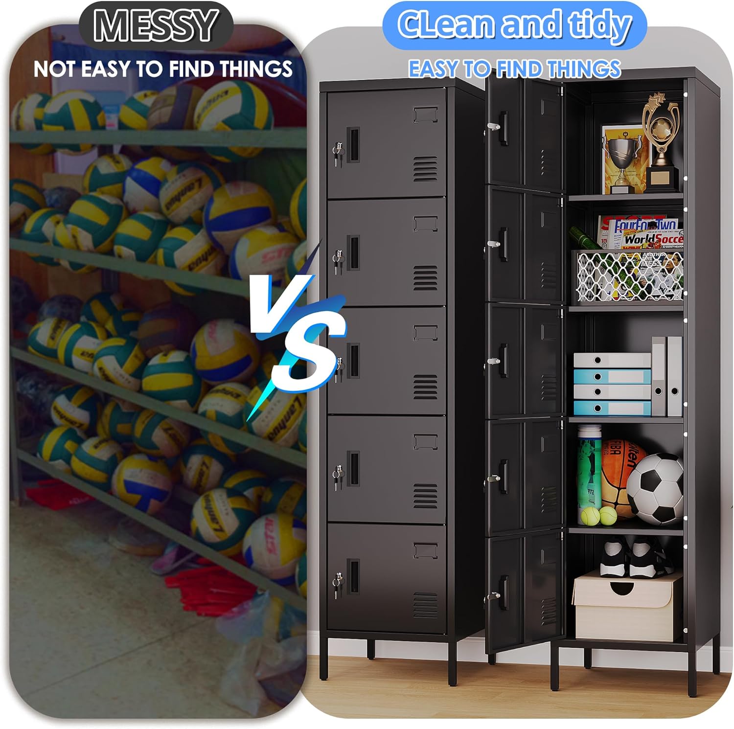 METAN Metal Storage Employees Locker with 5 Lockable Doors,Locking Storage Cabinets for Small Spaces,Home,School,Gym,Assembly Required,Black