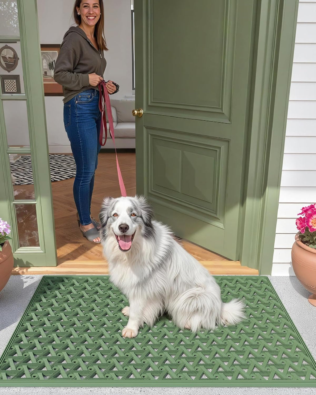 Color&Geometry Door Mat Outside Entrance with Drainage, Rubber Heavy Duty Dirt Trapper Waterproof Outdoor Welcome Mat, Outdoor Mats All Weather for Front Back Door Patio Entryway Entry,19"X30" Green