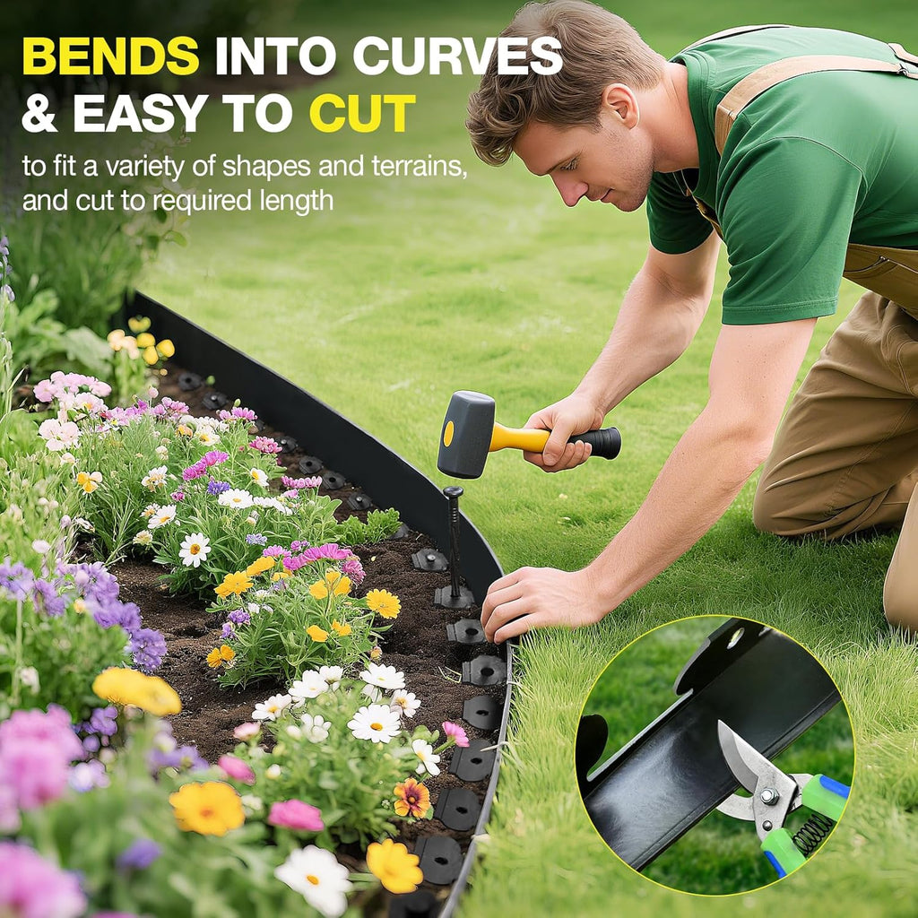 100ft,1.5in Tall Landscape Edging Kit with 150 Spikes, No-Dig Flexible Plastic Edge Border for Landscaping, Lawn, Garden, Flower Beds, Yard, Paver, Playground, Fence, Pathway, Black,3pack, 33ft Each