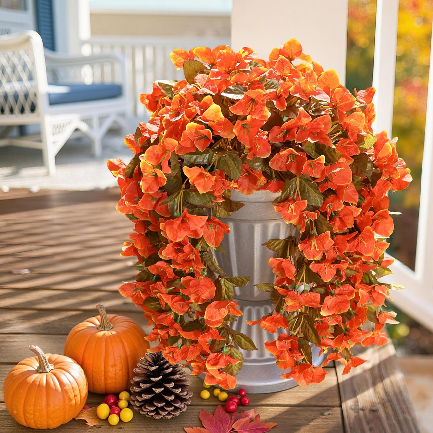 Bougainvillea Artificial Fall Hanging Flowers Plants for Outdoors Autumn Decoration, 2pcs Faux Bougainvillea Vines Orange Fake Flowers Realistic UV Resistant Silk Flowers for Outside Planter Yard Home