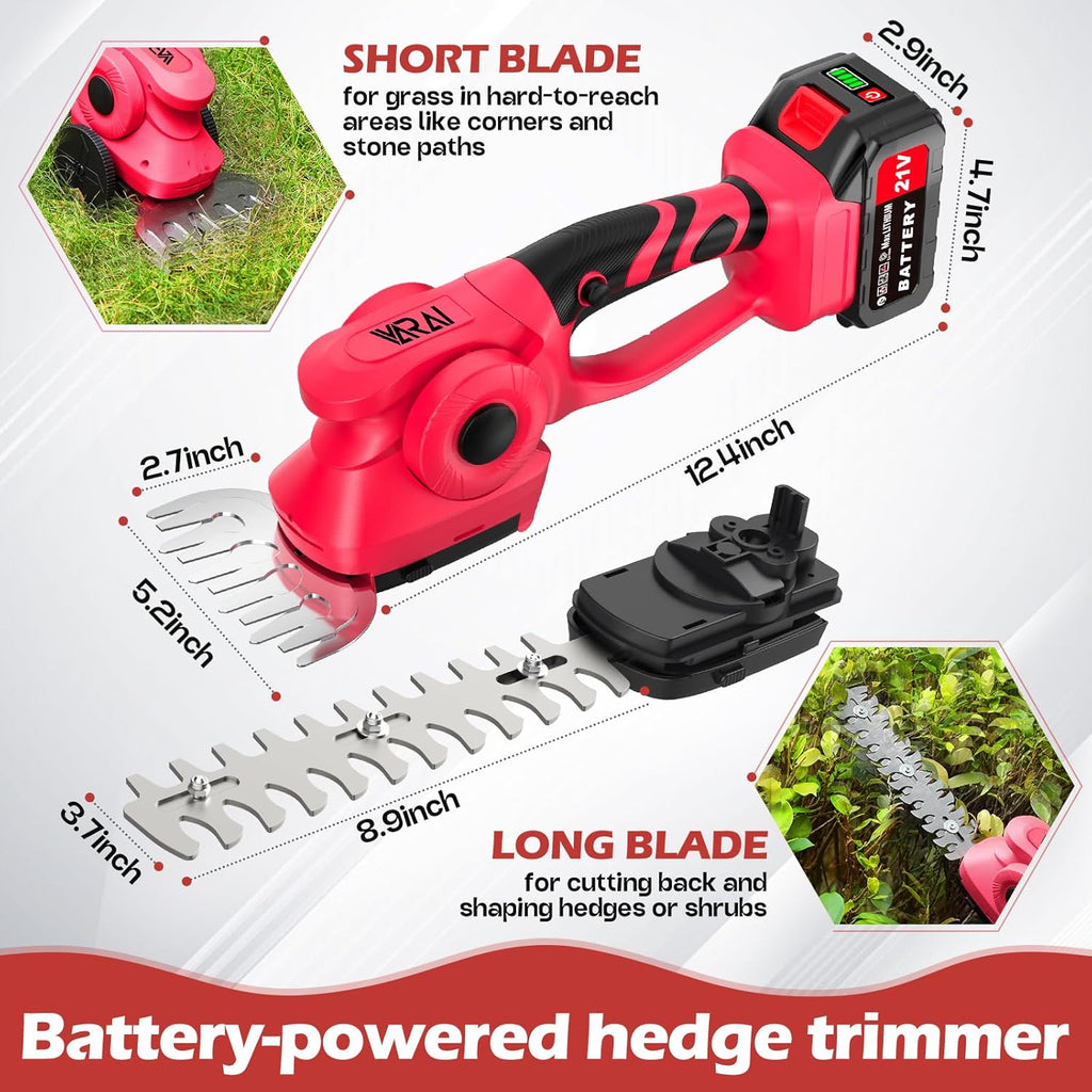 Cordless Hedge Trimmer, 2-in-1 Hedge Trimmer, Ultra Long Battery Life with Battery*2, high-Power and high-Capacity Grass Trimmer for Gardens, Yards and lawns, Including Charger