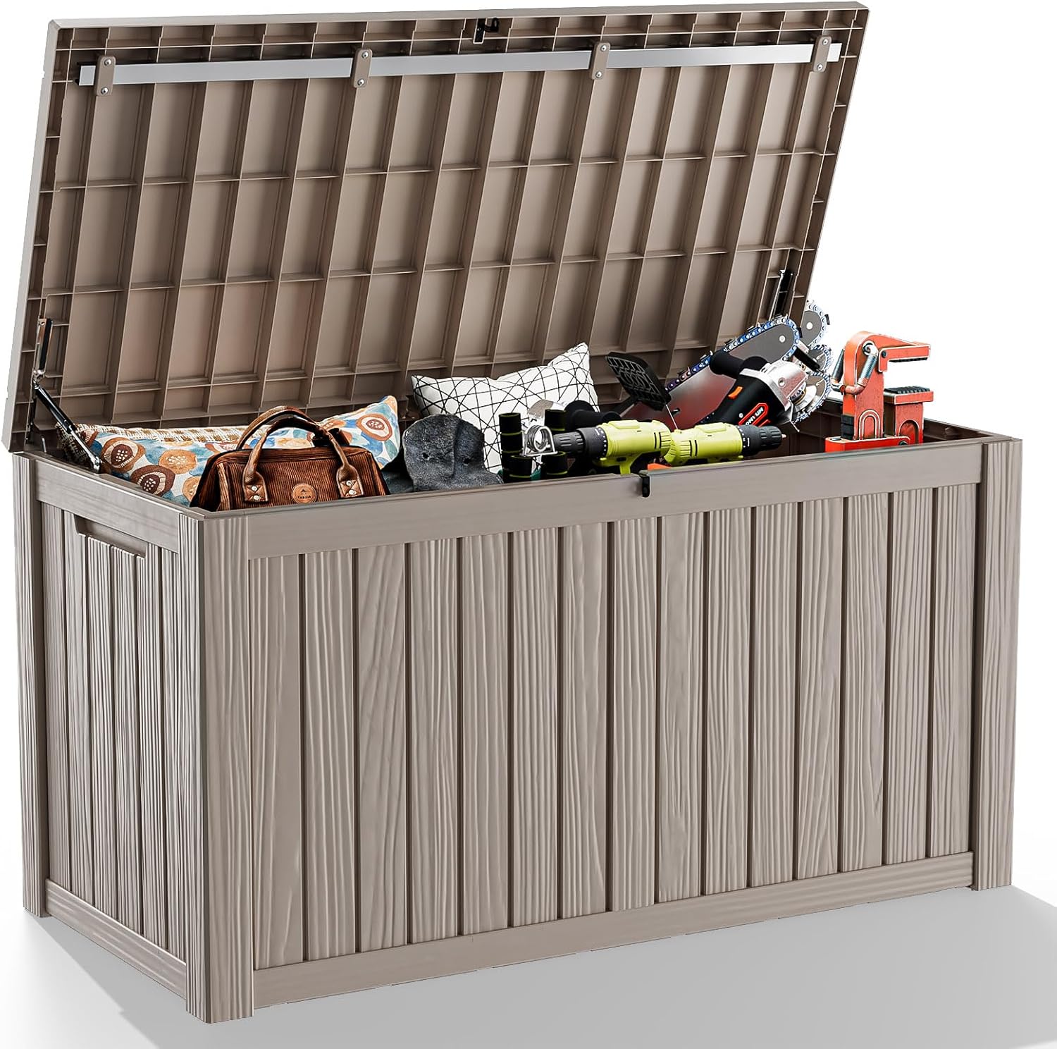 150 Gallon Deck Box,Resin Outdoor Storage Box with Lockable for Patio Furniture, Pool Accessories, Garden Tools Waterproof Outside Storage Box, Grey