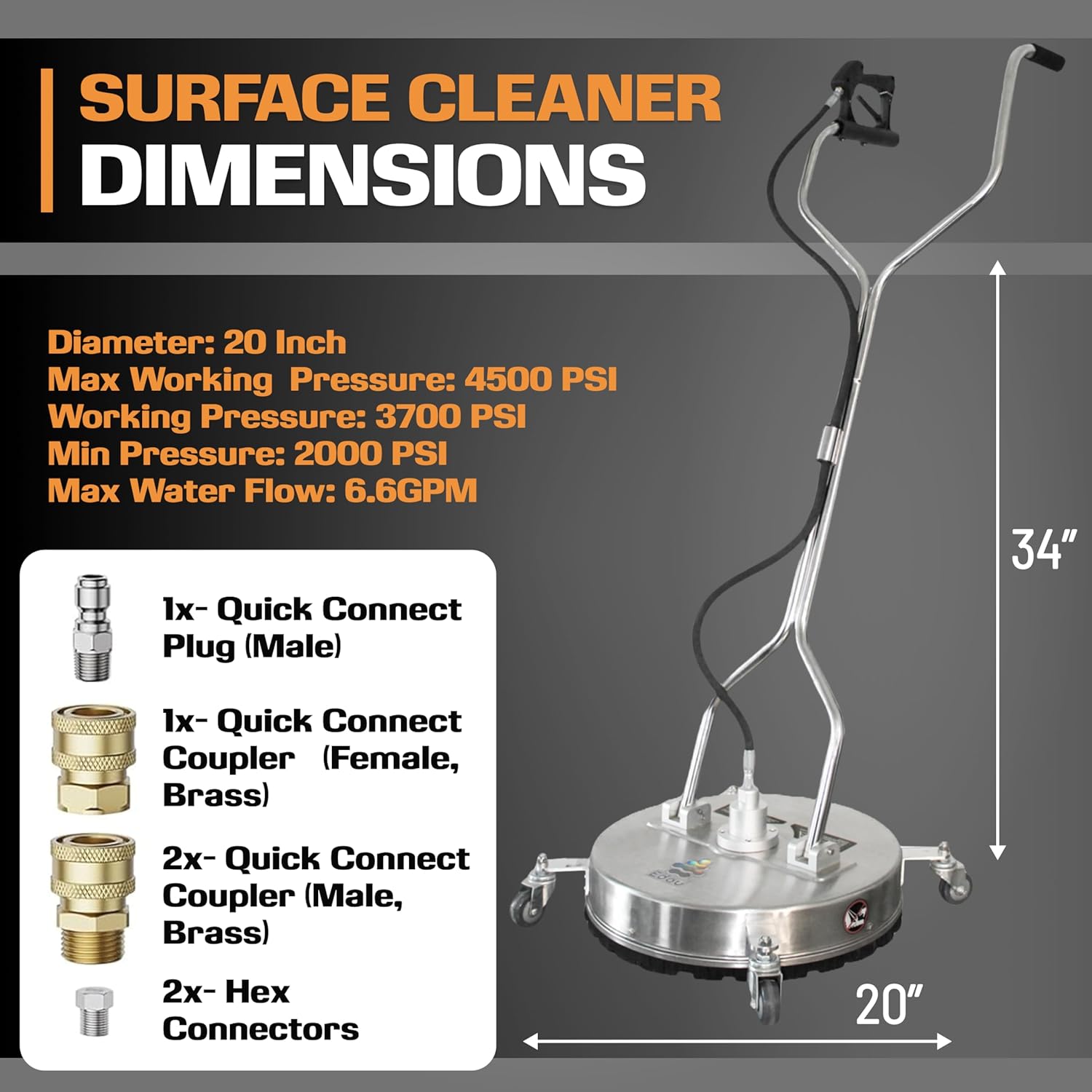 EDOU Direct 20 Inch Pressure Washer Surface Cleaner - Dual Handle Concrete Cleaner, Wheels - Driveway Pressure Washer Attachment, 4,500 PSI Max - Includes Quick Connector Kit - Silver