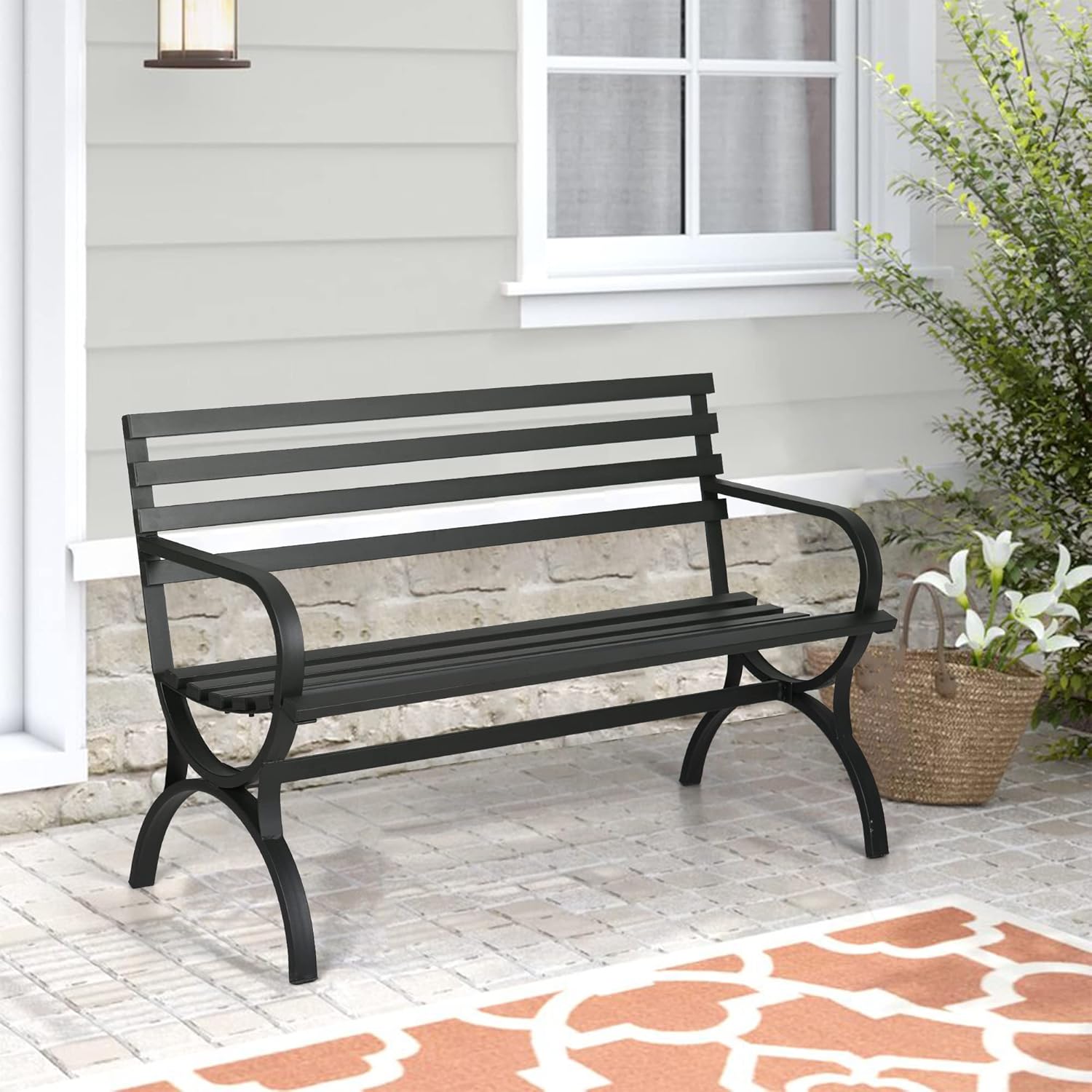 Sophia & William Outdoor Garden Bench Patio Park Bench, Metal Frame Furniture with Backrest and Armrests for Porch Yard Lawn Deck, Black