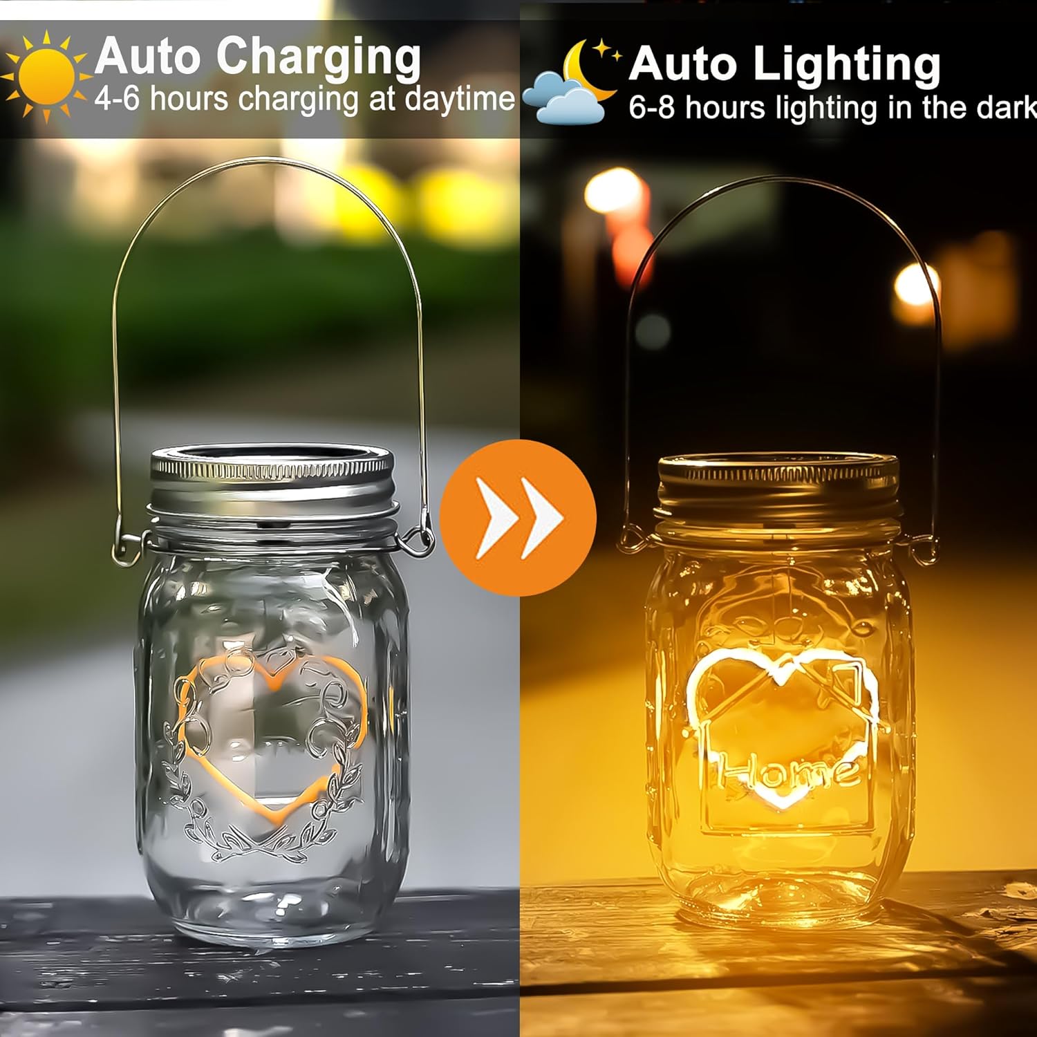 Hanging Solar Mason Jar Lights, 4 Pack Heart Shape Led Lights, Solar Lanterns Outdoor Waterproof Lights, Hangers and Jars Included, Gift for Mothers Day,Home Party Wedding Lover Garden Patio Decor (4)