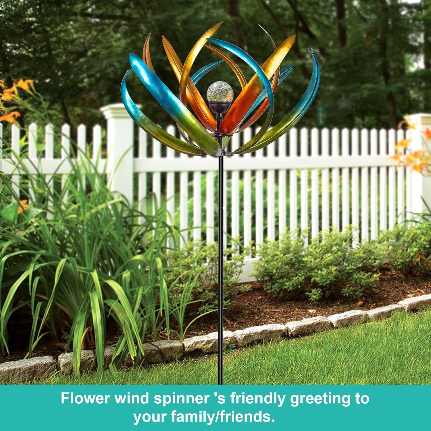 Large Solar Wind Spinners for Yard and Garden-82.6 Inch 360° Metal Wind Sculptures Outdoor Clearance Kinetic Windmills with Multi Color Led Glass Ball
