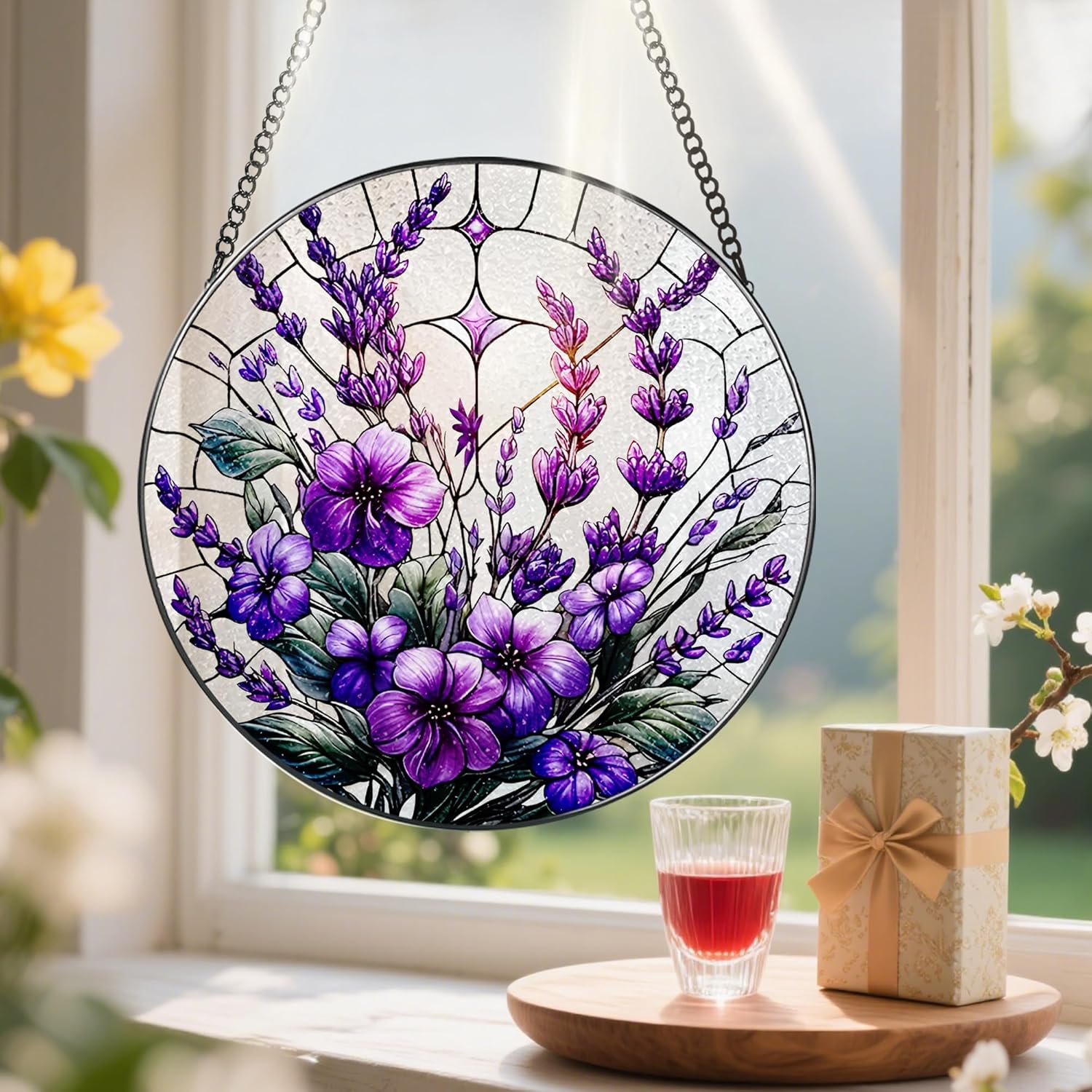 Bauhinia&Violets Flower Stained Glass Suncatcher, Stained Glass Window Hanging, 8 Inch Window Hanging Decor, Christmas, Mother's Day, Birthday Gifts for Mom, Grandma, Women, Wife, Lovers