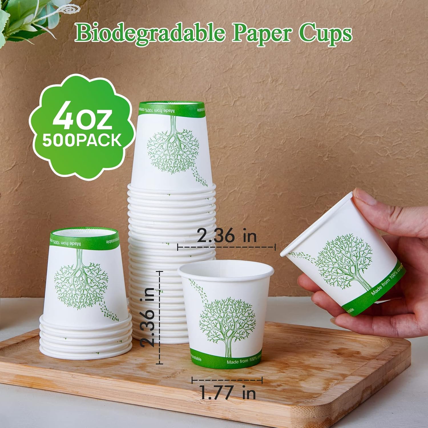 ECOLipak 500 Count Compostable Paper Cups, 4 oz Paper Espresso Coffee Cups with PLA Lined, Disposable Eco-friendly Biodegradable Hot Paper Cups for Party, Picnic,Travel,and Events