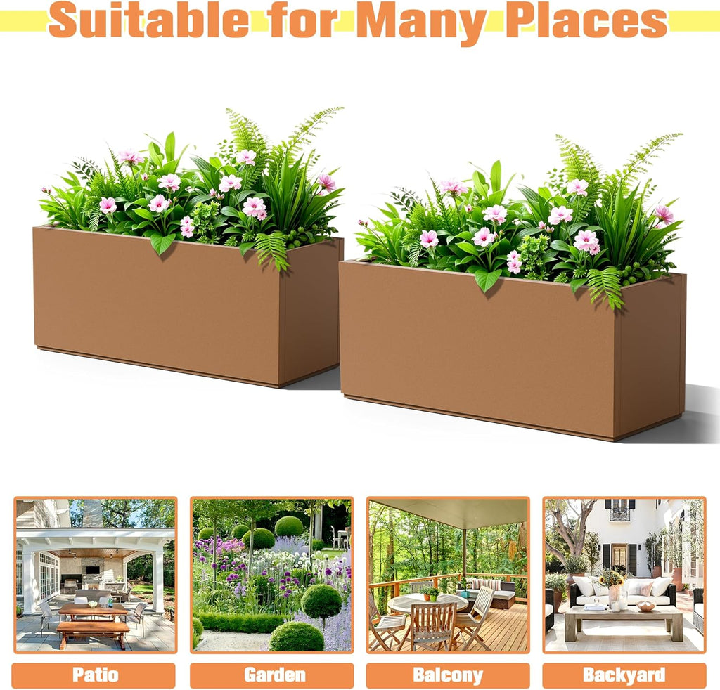 Rectangle Planter for Indoor & Outdoor, Tall and Long Planter Boxes with Drainage Holes, Mental Planter Box All-Weather Use for Plants, Flowers, 38" L x 15" W x 16.3" H, Brown