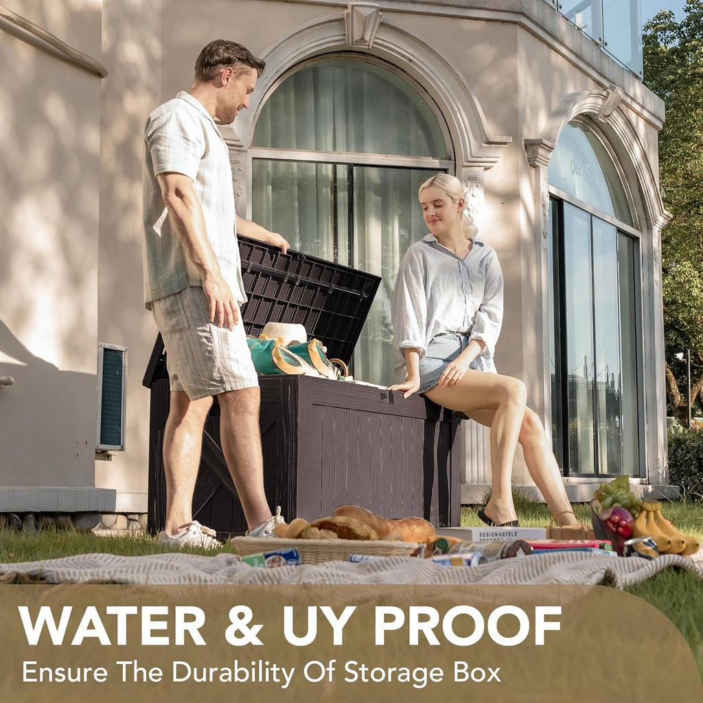 Devoko 120 Gallon Deck Box Resin Outdoor Storage Box Waterproof for Patio, Large Outdoor Storage Bench Lockable for Outside (Deep Brown)