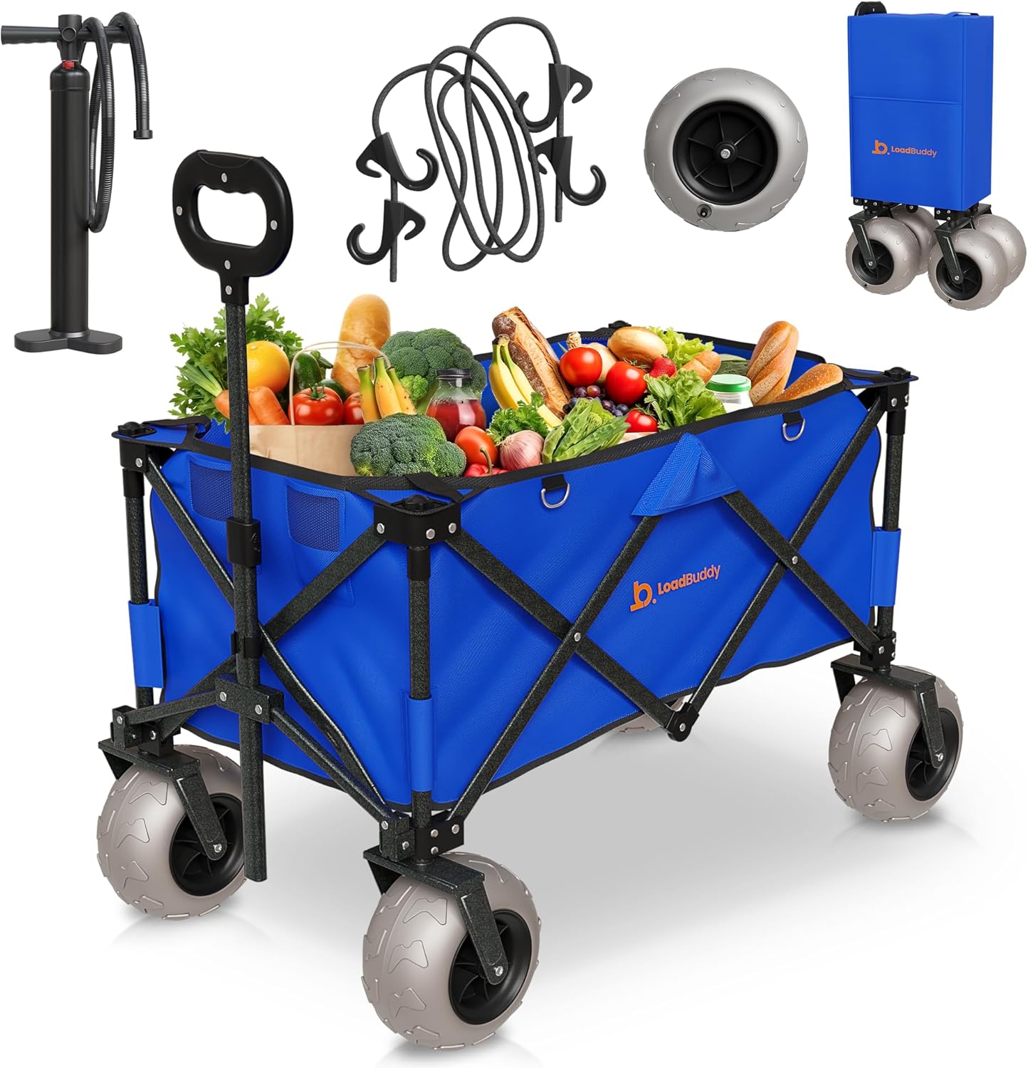 Beach Wagon with 9" Balloon Wheels & Fishing Rod Holders – Foldable Cart for Sand with Inflatable Tires, Bonus Pump & Spare – Heavy Duty Utility Wagon - Blue/Blue