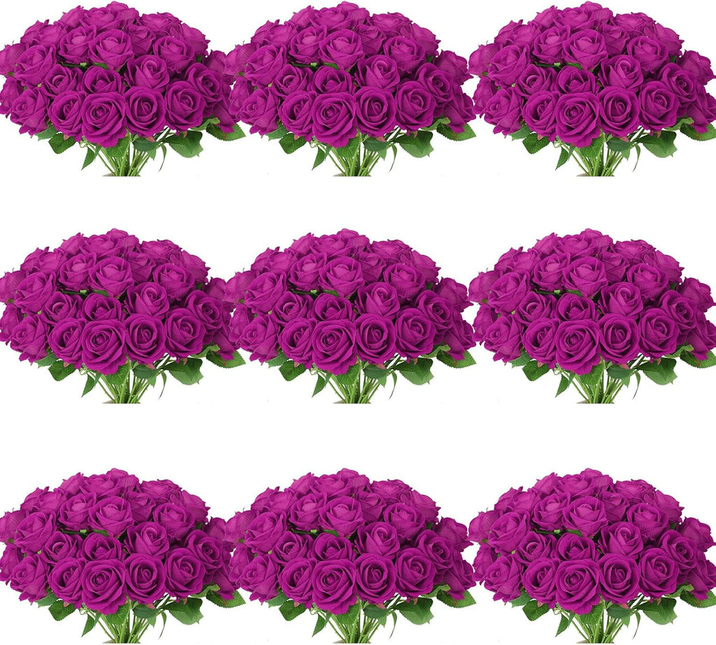 102 PCS Fake Roses Artificial Flowers Bulk, Purple Roses Bridal Bouquet Silk Faux Rose with Stems for Wedding Flowers Decoration, Valentine's Day, Bridal Bouquet,Anniversary,Home Decor (102PCS,Purple)