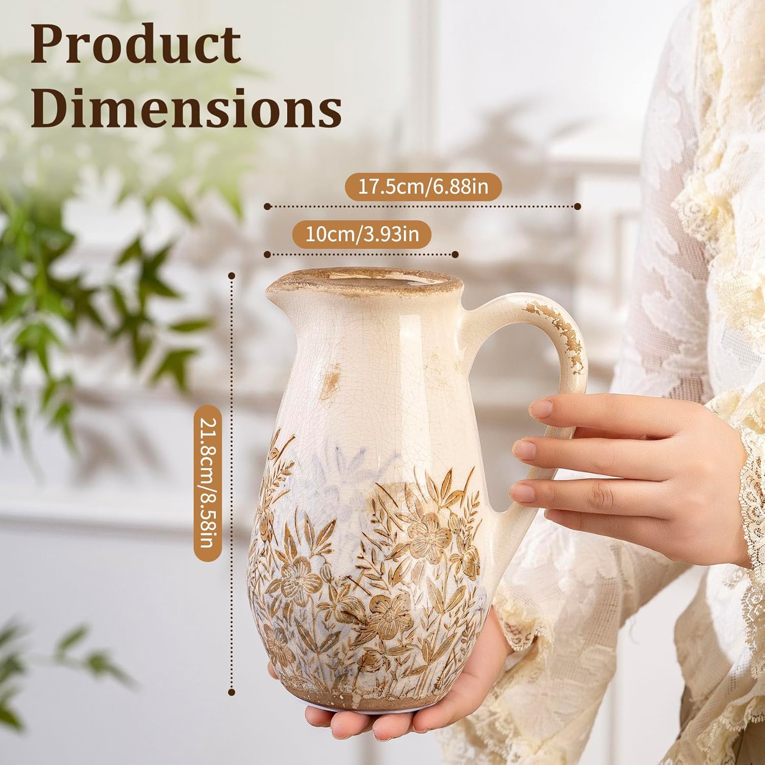 Purple and Borwn Floral Vintage Vase with Handle, French Country Floral Pitcher Vase, Rustic Ceramic Farmhouse Vases for Home Decor, Living Room, Bookshelf, Grand Millennial Tuscan Decor 8.7 in