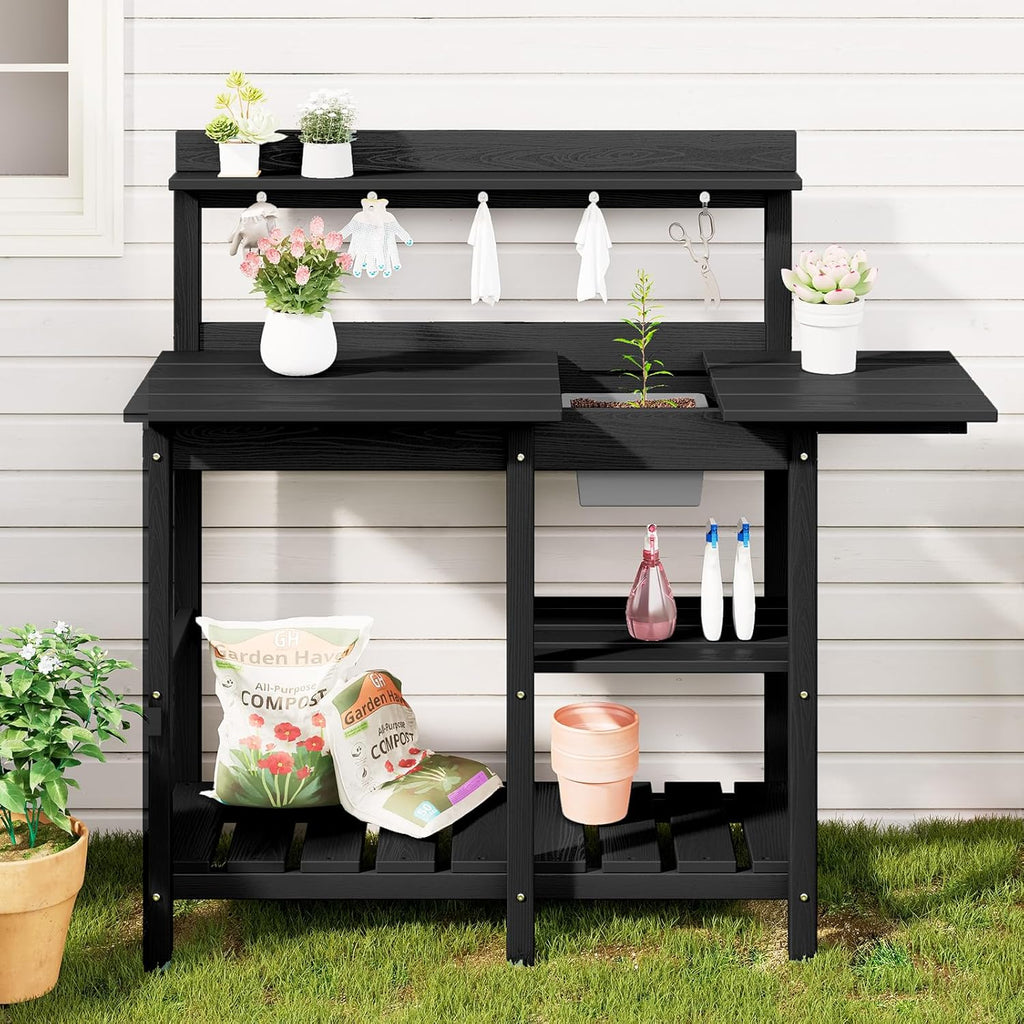 SERWALL Potting Bench Set of 2 Outdoor Potting Table with Sink, HDPE Potting Benches for Outside Gardening Table All Weather Use- Black