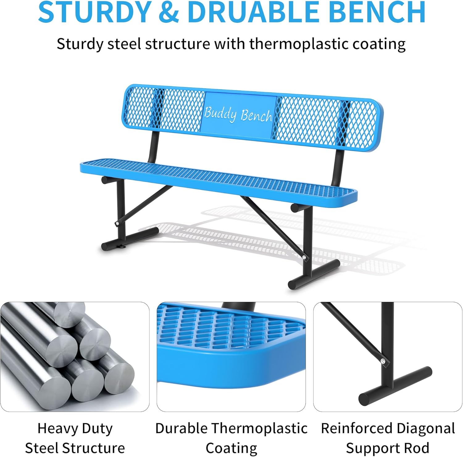 6 Feet Steel Park Bench for Outside, Outdoor Bench with Backrest & Portable Frame, Commercial Benches for Parks, School, Patio, Deck, Store,Blue