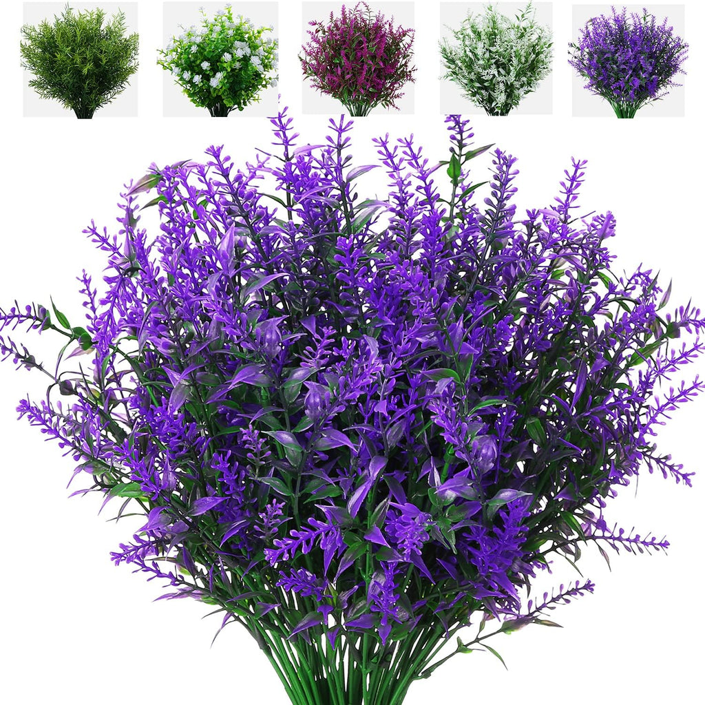 8 Pack Artificial Plants Flowers Grass Shrubs Lavender No Fade Faux Plastic Flowers Outdoor for Farmhouse Garden Porch Patio Indoor Wedding Decoration Greenery Fake Plants uv Resistant