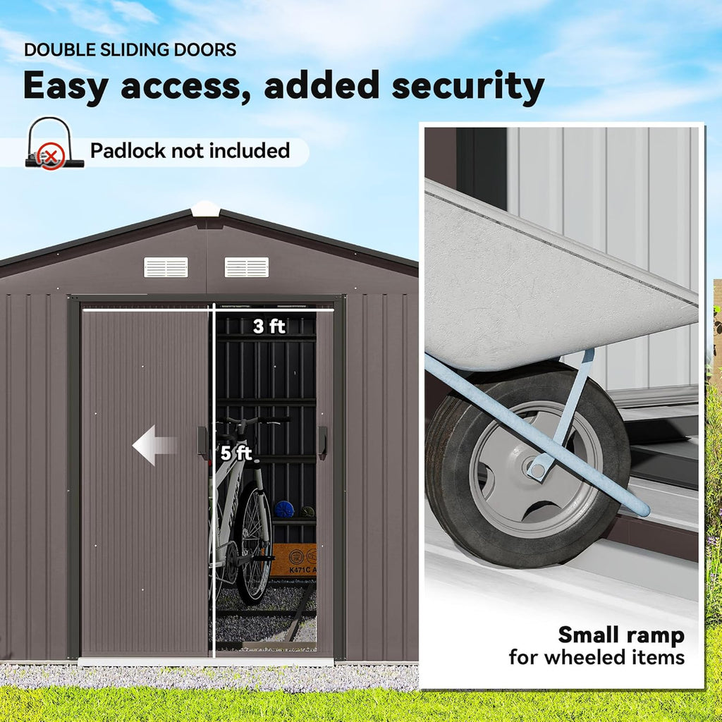 Outsunny 11' x 9' Outdoor Storage Shed, Garden Tool Metal Shed with Foundation Kit, Double Lockable Door, Air Vents and Sloping Roof, for Backyard, Patio, Lawn, Brown