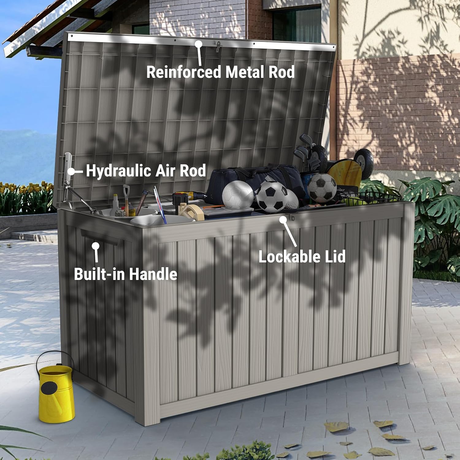 Mars Villa 180 Gallon Outdoor Storage Box Waterproof, Extra Large Resin Deck Box, Outside Storage Bin for Patio Furniture Cushion, Pool Supply, Sports Gear, UV Resistant and Weatherproof, Greige