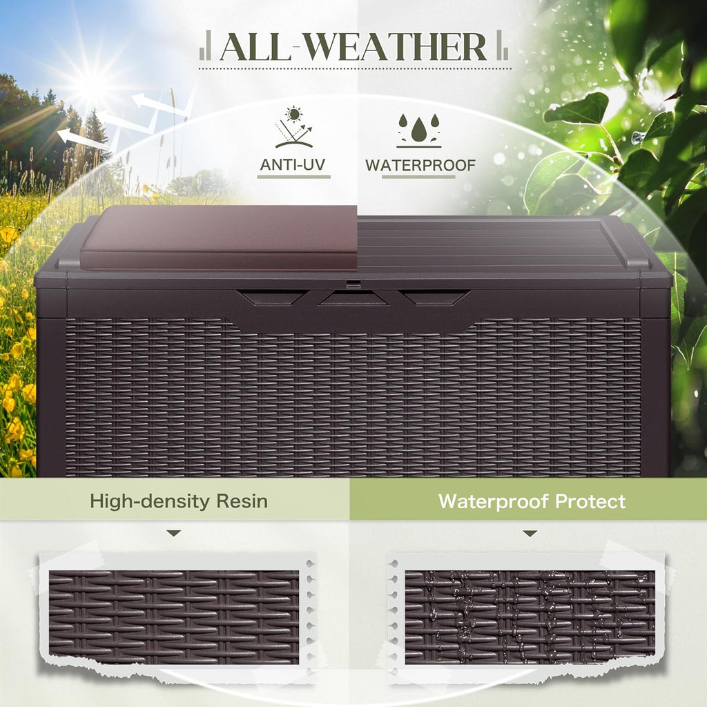 Greesum 100 Gallon Resin Deck Box Large Outdoor Storage with Cushions for Patio Furniture, Garden Tools, Pool Supplies, Weatherproof and UV Resistant, Lockable, Dark Brown