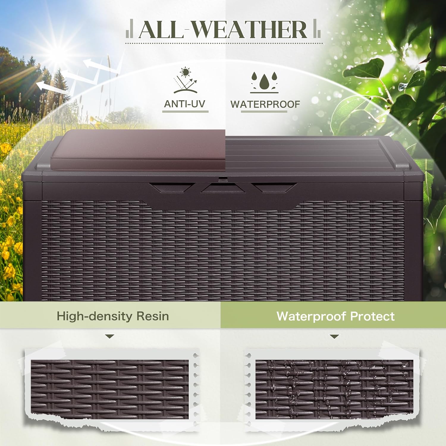 Greesum 100 Gallon Resin Deck Box Large Outdoor Storage with Cushions for Patio Furniture, Garden Tools, Pool Supplies, Weatherproof and UV Resistant, Lockable, Dark Brown