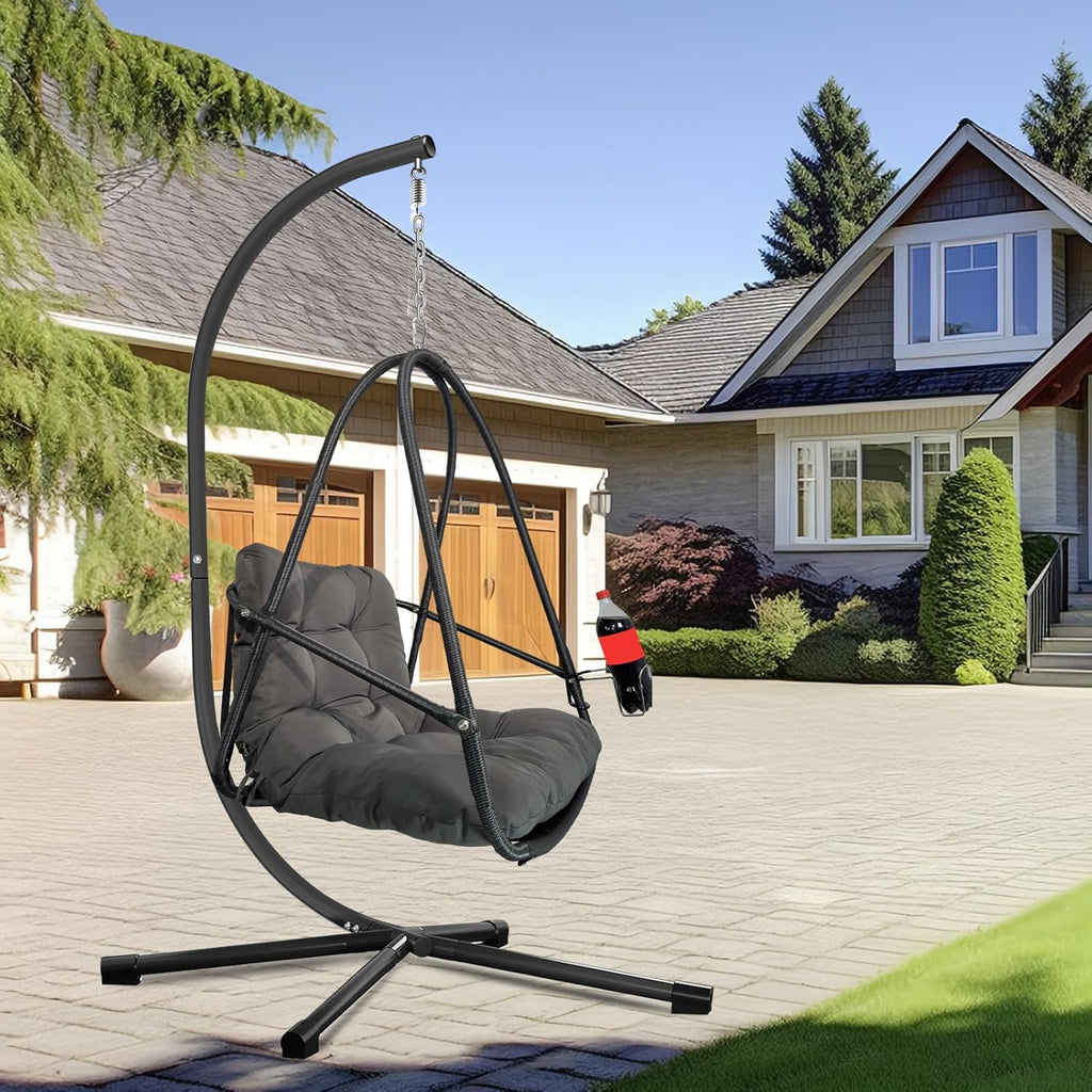 JESE Swing Egg Chair with Stand Foldable Frame Hanging Chairs for Indoor Outside,with UV Resistant Waterproof Cushion and Cup Holder,Swing Hammock Chairs for Patio,Bedroom,Balcony, Garden,350LBS,Black