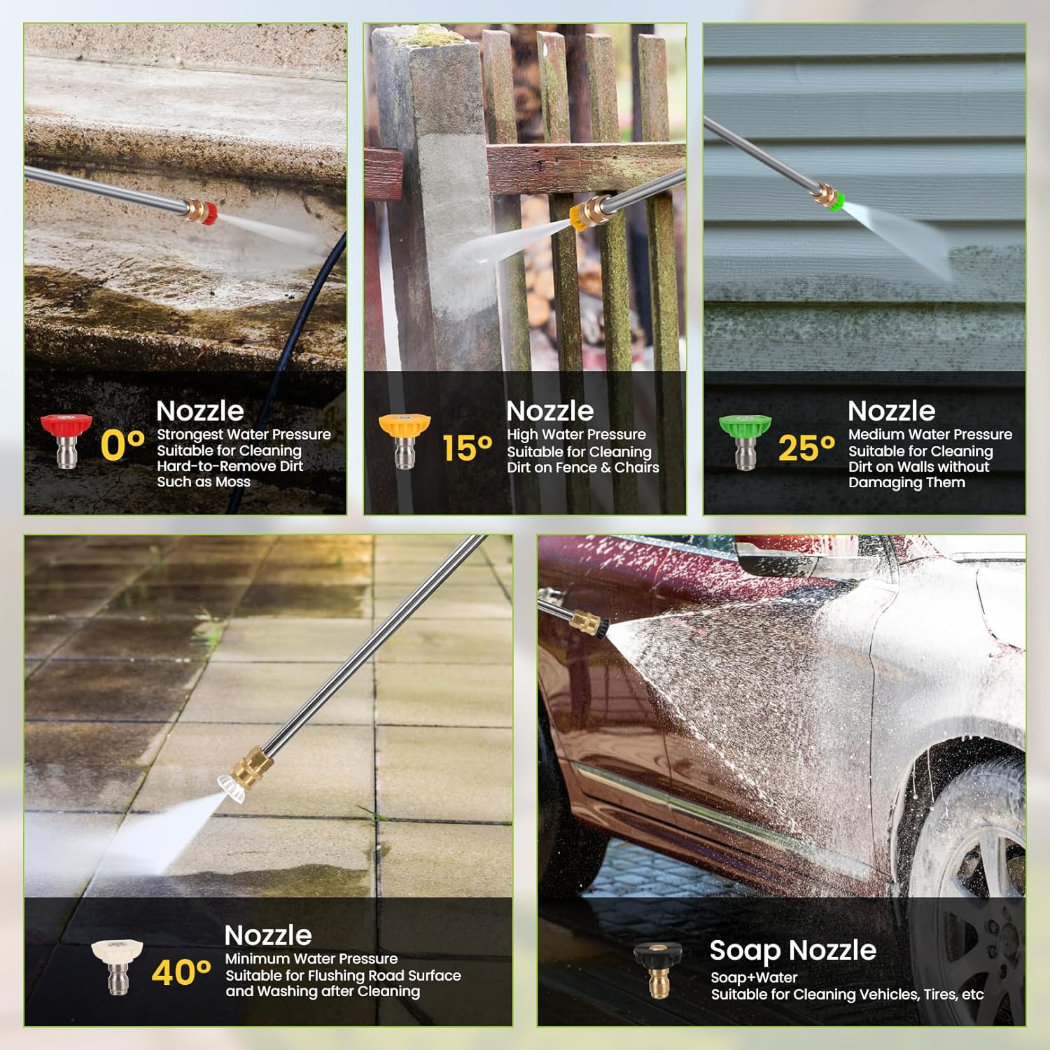 Professional 4200PSI 4GPM 196CC Gas Pressure Washer, Commercial Gas Power Washer with 5 Nozzles 25FT Hose Foam Bottle for Car Fence Driveway Yard (EPA/CARB/ETL Compliant), 2 Green Wheels