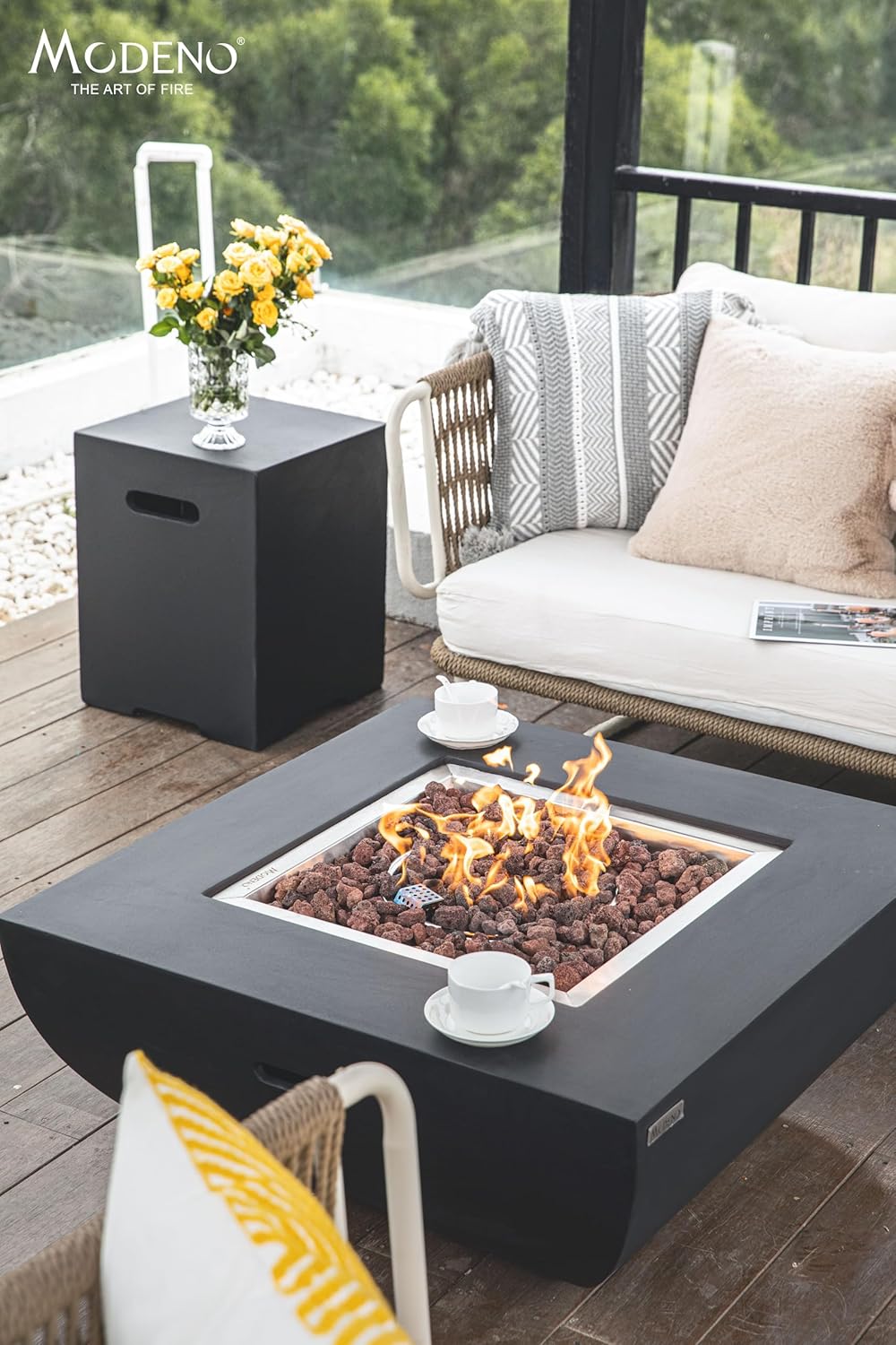 AMS Fireplace | Modeno | Aurora | Firepit Table | Cover and Lava Rocks Included | (Fuel: Liquid Propane - Black)