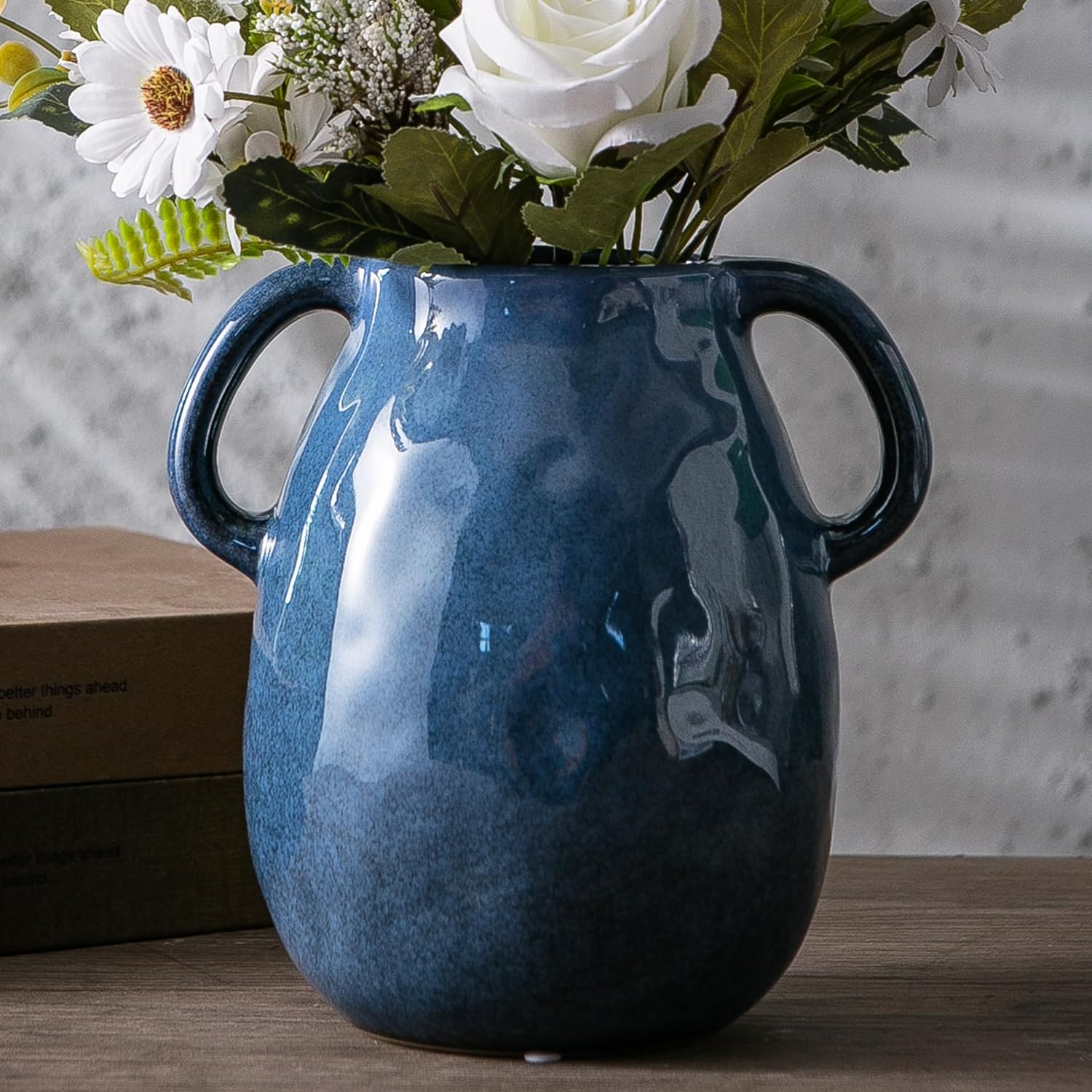Blue Ceramic Vase with 2 Handles - Modern Farmhouse Rustic Terracotta Decorative Clay Boho Vase for Pampas Grass and Home Decor