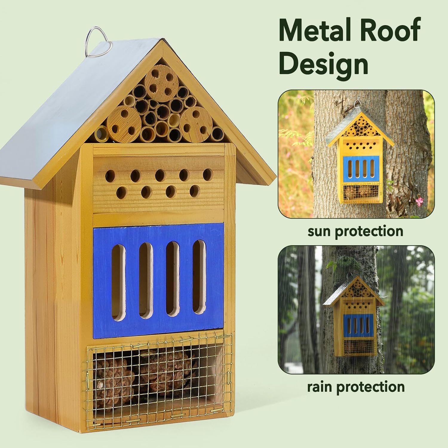 Wooden Butterfly House & Bee House for The Garden, Durable Bug Hotel W/Wooden Stake and Iron Roof, Insect Habitat On The Ground Or Hanging On The Tree, for Butterfly, Bee, Ladybug, Bug