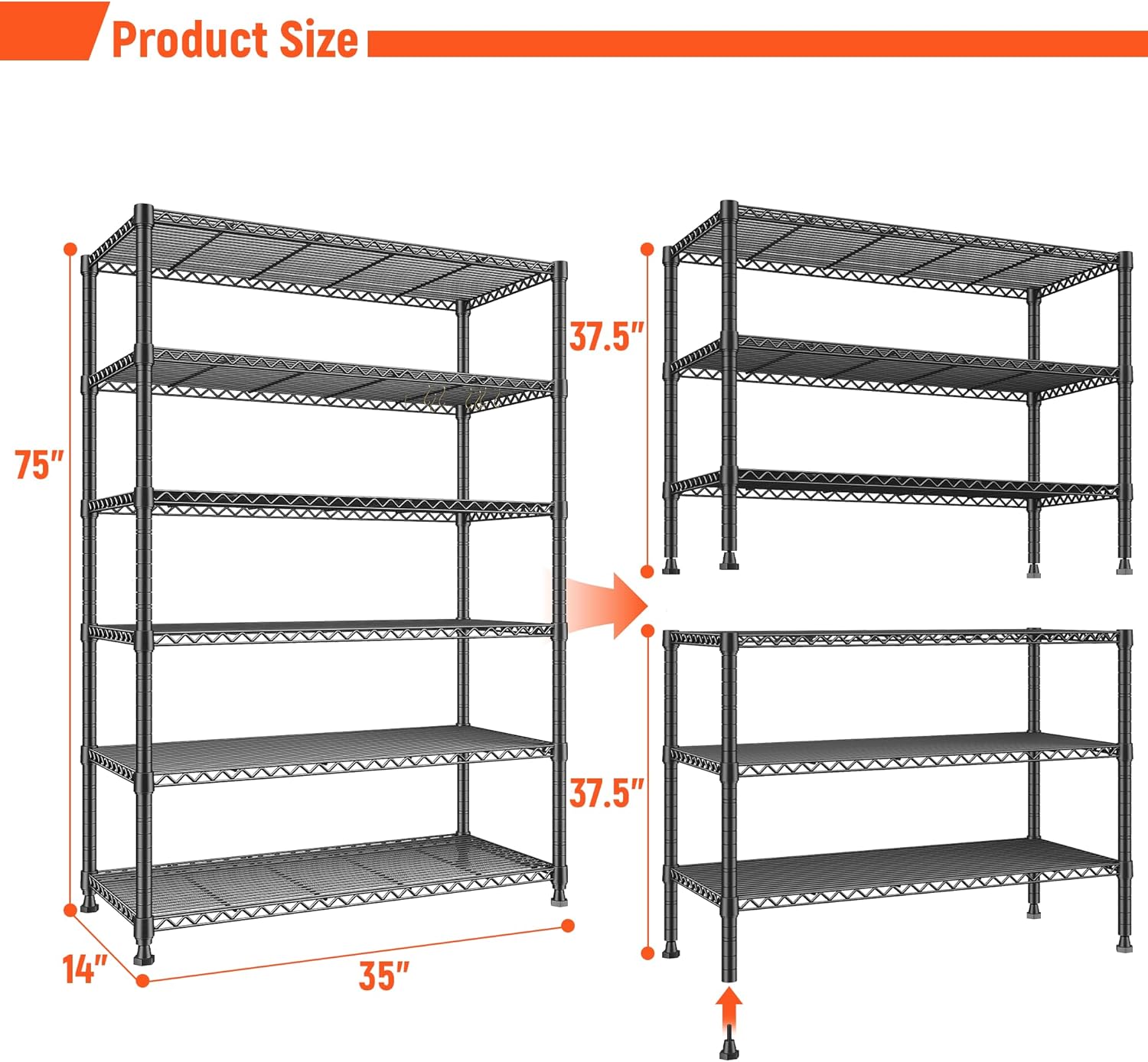 REIBII 75" H Metal Shelving 6 Tier Storage Shelf Adjustable Kitchen Shelf Wire Shelving Unit Detachable Storage Rack for Kitchen Laundry Living Room Commercial Heavy Duty Metal Shelf 75" X35" X14"