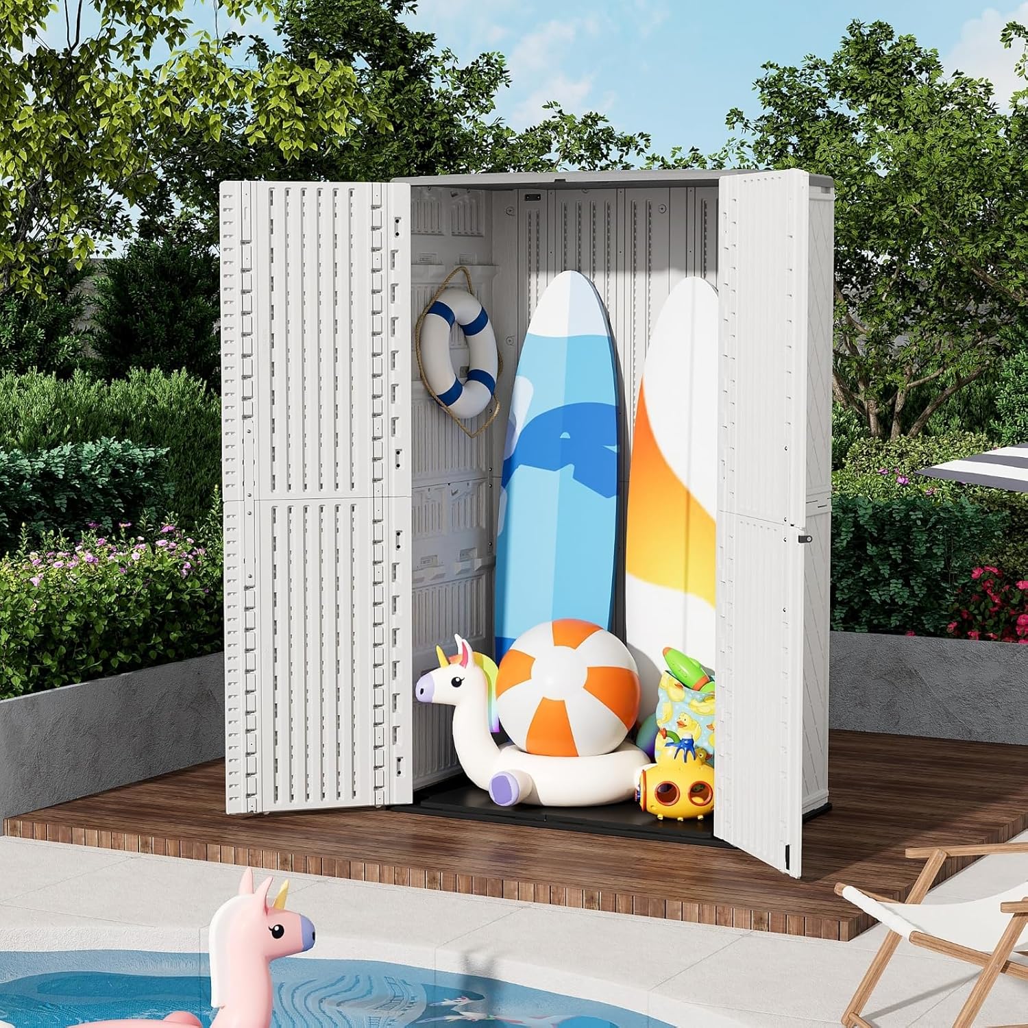 ZZM Resin Outdoor Storage Shed, 67 Cu.ft Vertical Resin Tool 4x6 FT Cabinet w/o Shelf for Garden, Patio, Backyard, All-Weather Outdoor Plastic Storage Clearance, Lockable with Floor (Light-White)