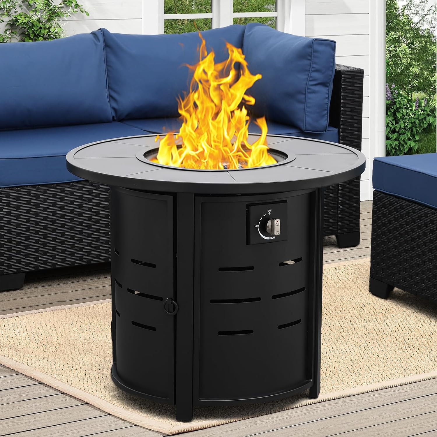 30 Inch Fire Tables Round Tabletop 50000 BTU Outdoor Fire Pits for Outside Steel Gas Fire Table with Fire Pit Lid Waterproof Cover, Black