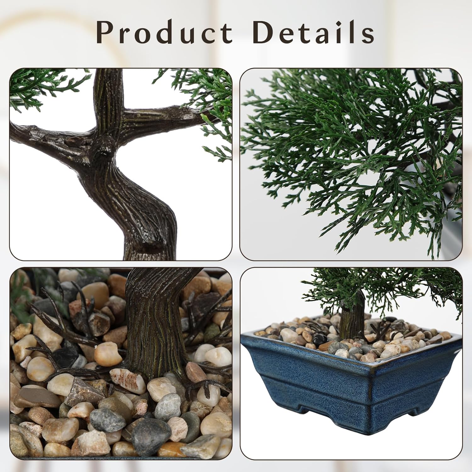 Artificial Bonsai Tree Juniper Faux Plants Indoor Fake Plants Decor with Blue Ceramic Pots for Home Table Office Desk Bathroom Shelf Bedroom Living Room Farmhouse Decorations-Pine