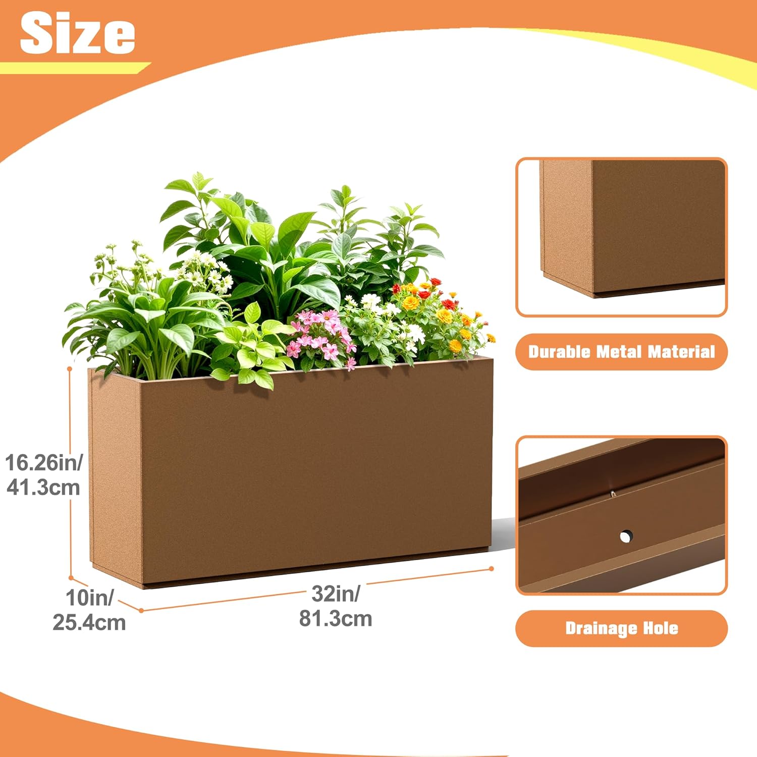 Rectangle Planter for Indoor & Outdoor, Tall and Long Planter Boxes with Drainage Holes, Mental Planter Box All-Weather Use for Plants, Flowers, 32" L x 10" W x 16.3" H, Brown