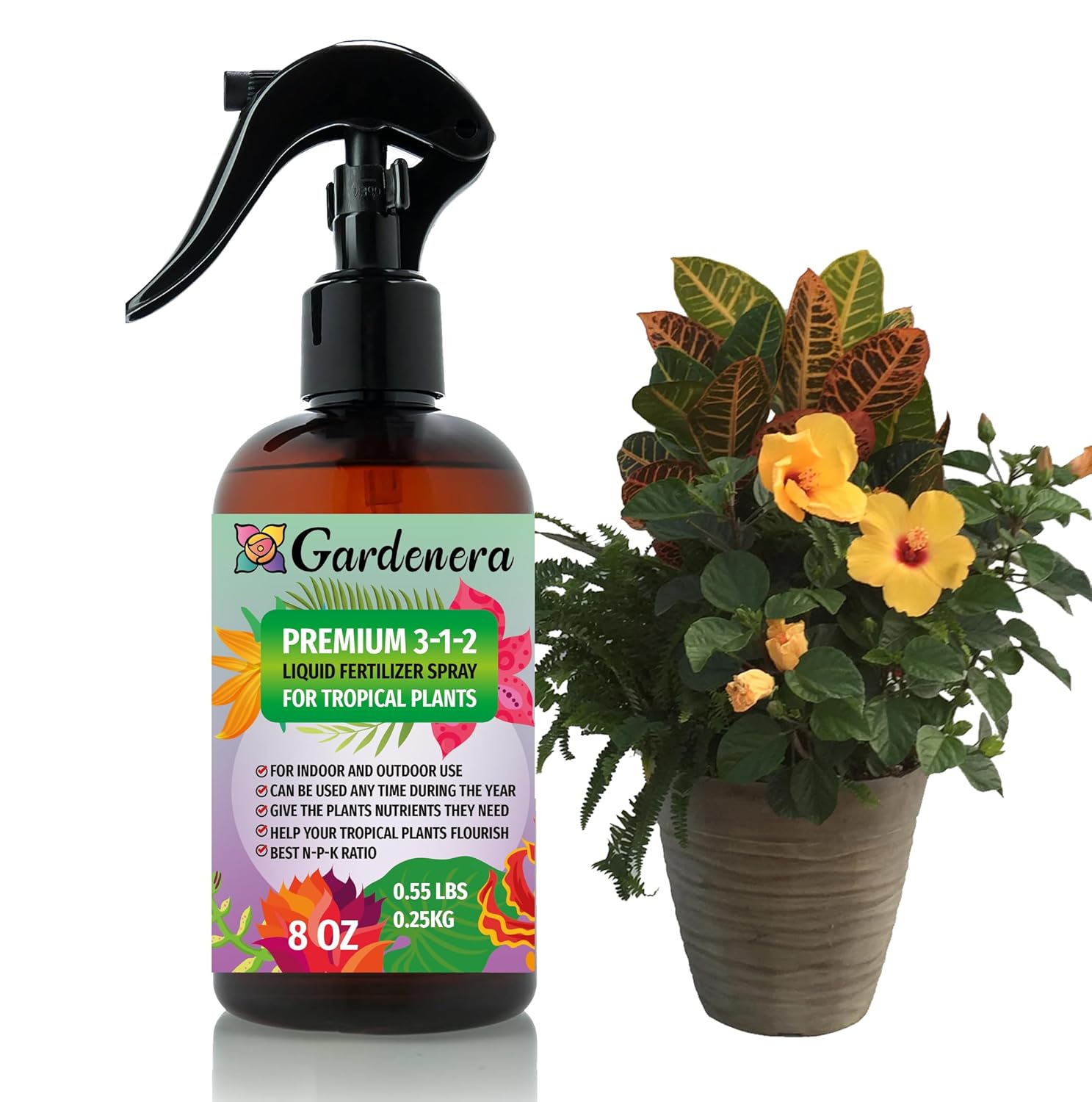 Profsesional Tropical Plants Spray Fertilizer Mist for Home Gardening | 3-1-2 Gentle Blend Mist for Healthy Leaves & Growth | Essential Nutrients for Tropical Plants - 8oz