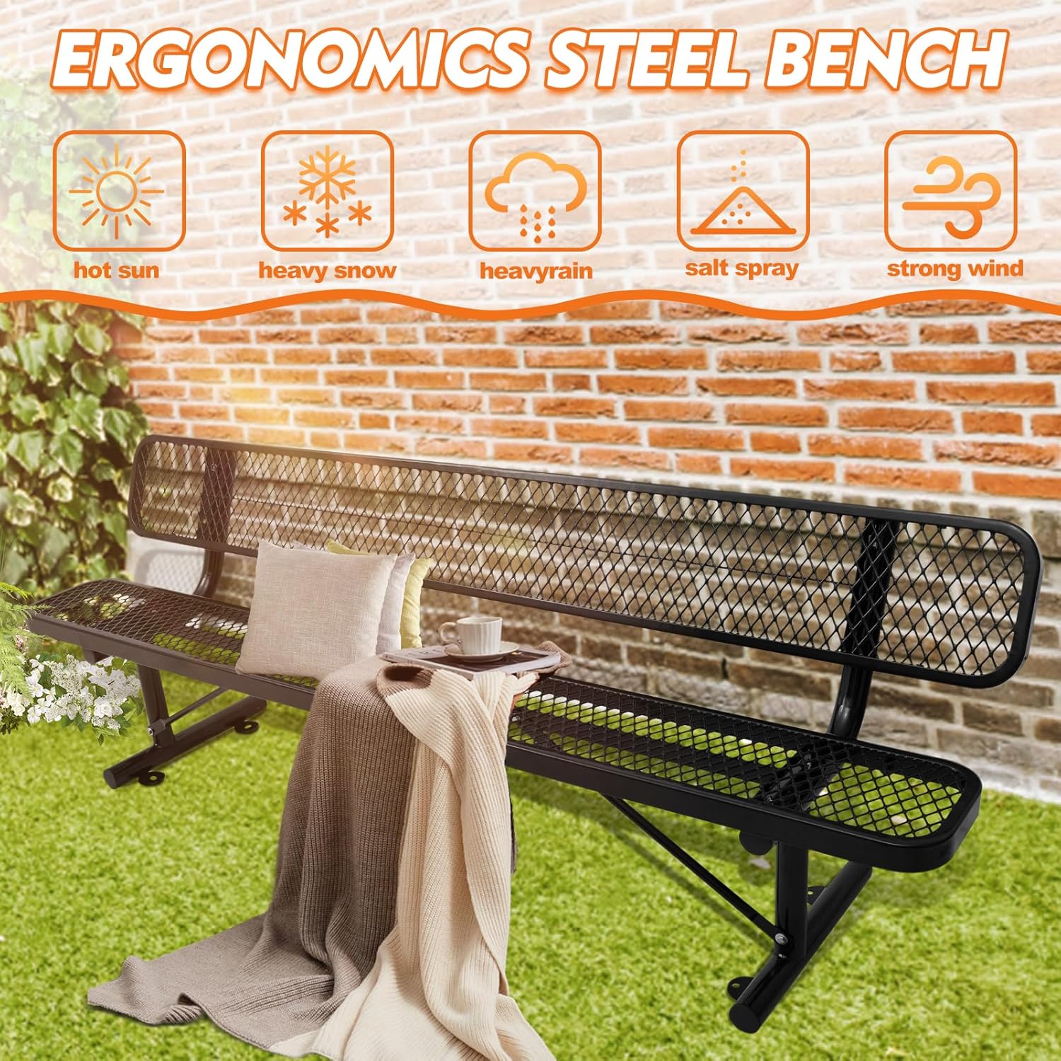 6Ft Outdoor Bench with Back Portable Frame, Outdoor Steel Park Bench with Backrest, Expanded Metal Mesh Bench for Outside, Lawn, Backyard, Park, Deck, Garden, Patio, Porch, Black