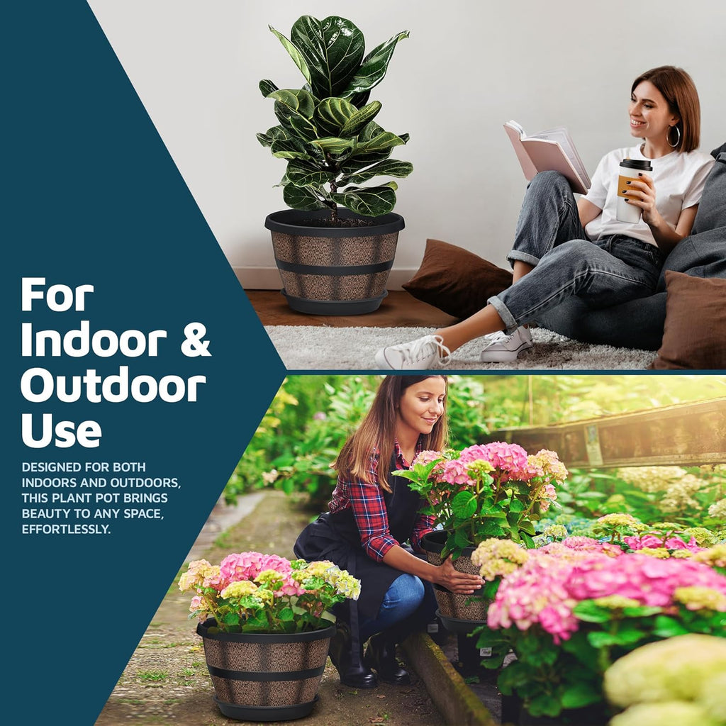 10-Inch Whiskey Barrel Planters Outdoor Pack of 20 - Durable Plastic Plant Pots for Indoor & Outdoor Use with Drainage & Saucer, Lightweight Rustic Barrel Planters for Flowers, Herbs & Small Plants