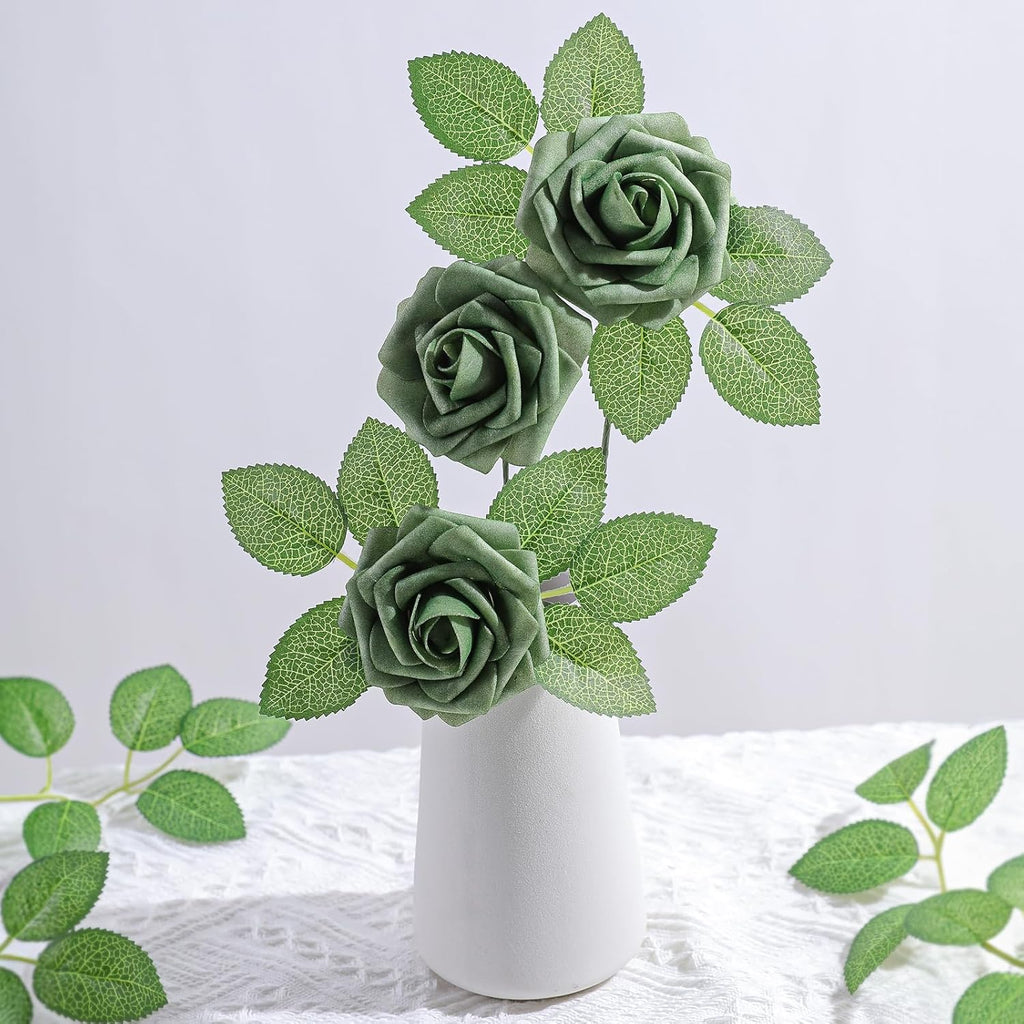 AmyHomie Artificial Flowers Green Rose 25pcs Real Looking Fake Roses w/Stem for DIY Wedding Bouquets Centerpieces Arrangements Party Baby Shower Home Decorations