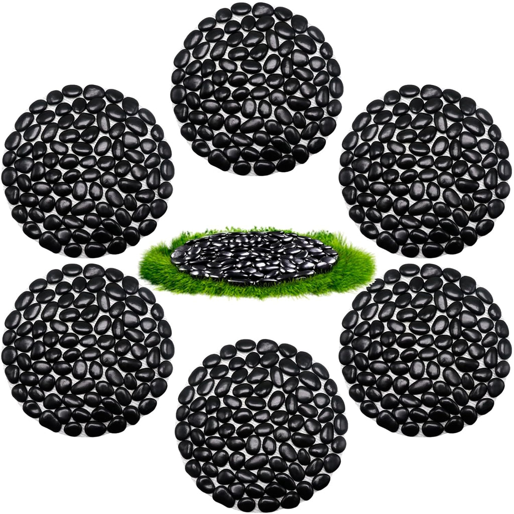 10in River Rock Stepping Stones Set - 6 Pack | Polished Pebble | Long-Lasting PVC Mesh Backing | Perfect for Garden Paths and Lawns Outdoor Landscaping Decoration | Black Circle
