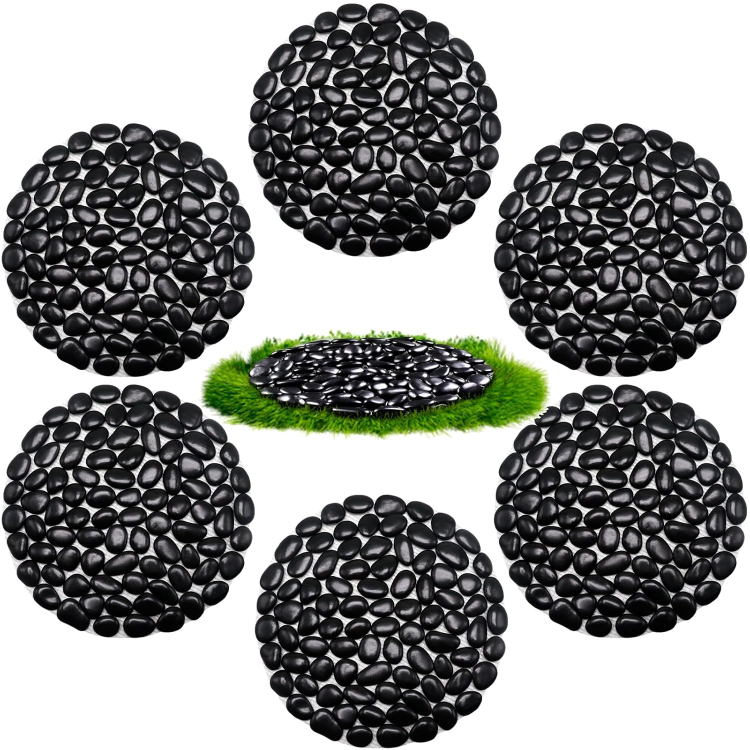 10in River Rock Stepping Stones Set - 6 Pack | Polished Pebble | Long-Lasting PVC Mesh Backing | Perfect for Garden Paths and Lawns Outdoor Landscaping Decoration | Black Circle