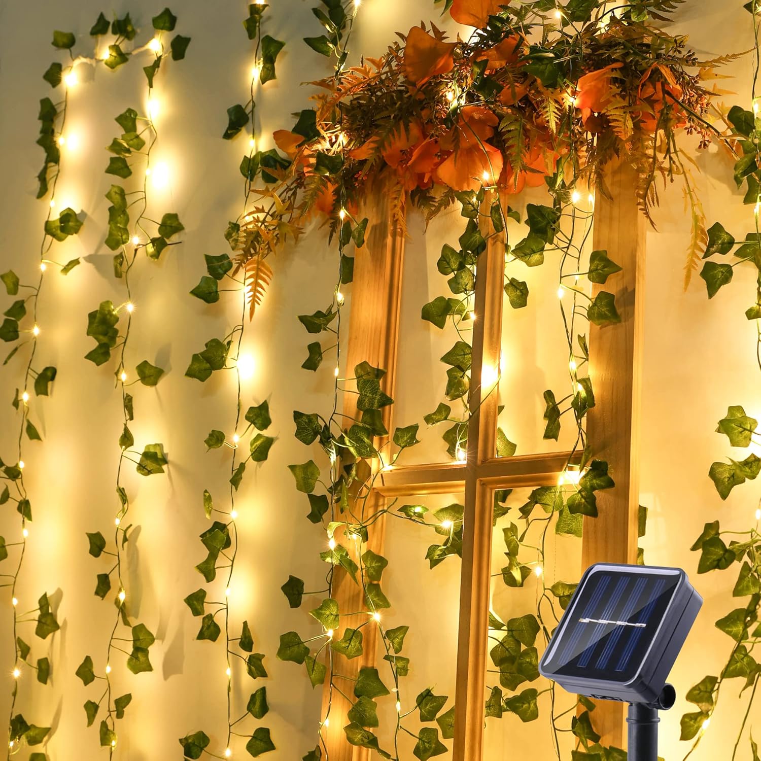 Brizled Solar Vine String Lights, 33ft 100 LED Solar String Lights, 8 Modes Artificial Ivy Leaf Solar Plant Vine Lights, Outdoor Ivy Fairy Lights for Outside Wedding Garden Fence Wall Hanging Decor