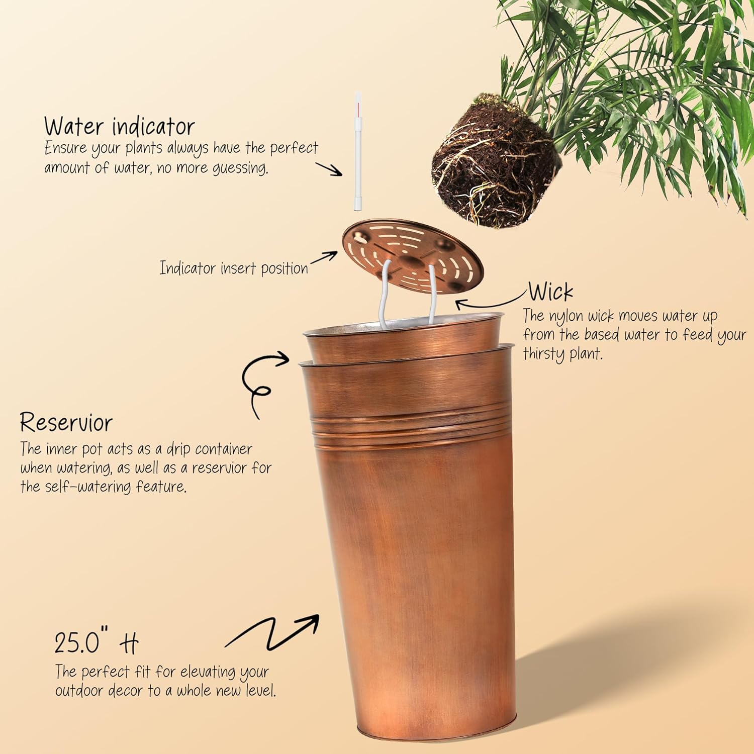 KOL 25'' Tall Galvanized Steel Planter Pot with Water Level Indicator - 2-Pack Self Watering Planters Flower Pot for Plants - Round Powder Metal Planter Box - Indoor Outdoor Grande Plant - Bronze