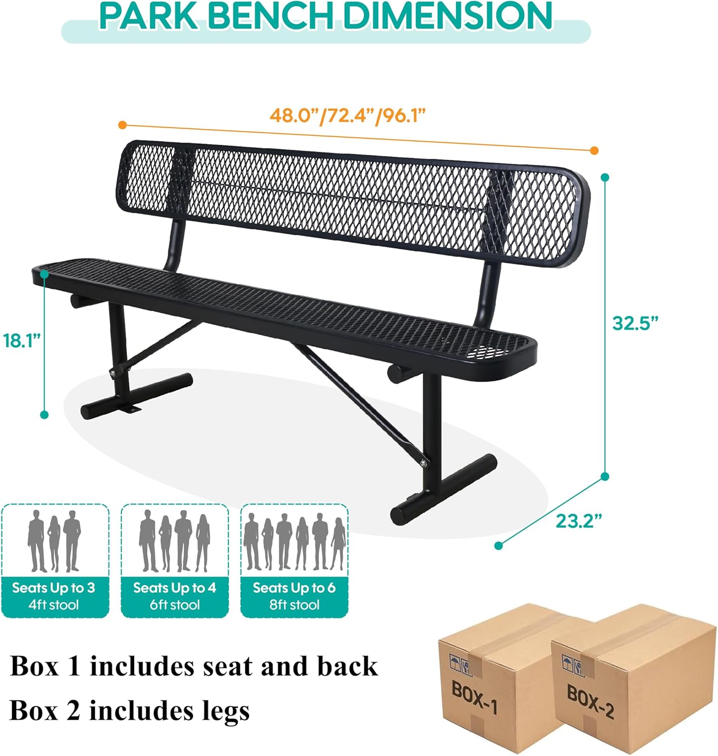 4 Feet Heavy Duty Metal Park Bench for Outside, Outdoor Bench with Backrest & Portable Frame, Commercial Benches for Shopping Malls, Stores, Parks, Patios, Decks, Black