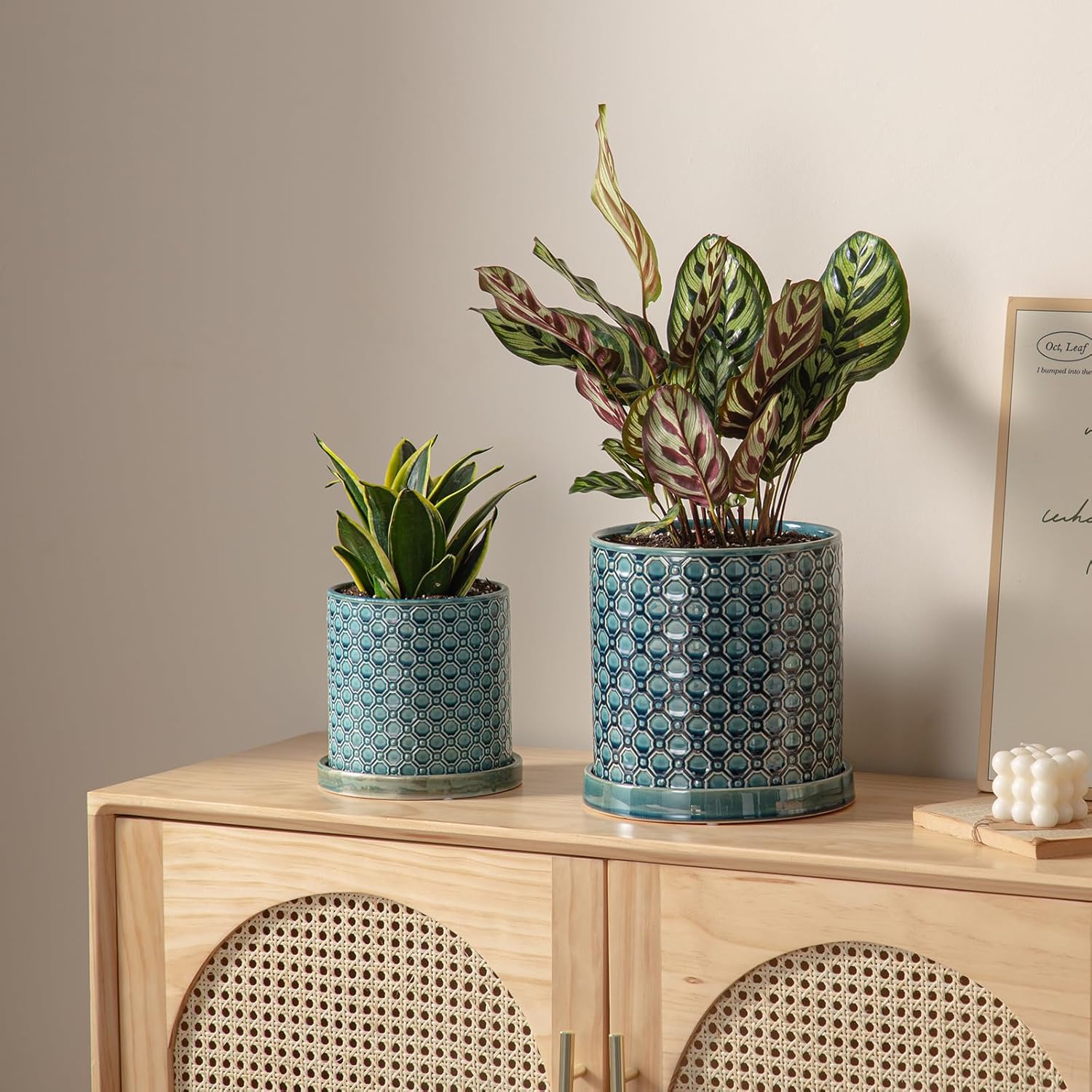 6 Inch Plant Pot: Ceramic Planter with Drainage Hole & Saucer Indoor Outdoor Plants - Cylinder Round Flower Pot for Home Office - Modern Decorative - Small Blue