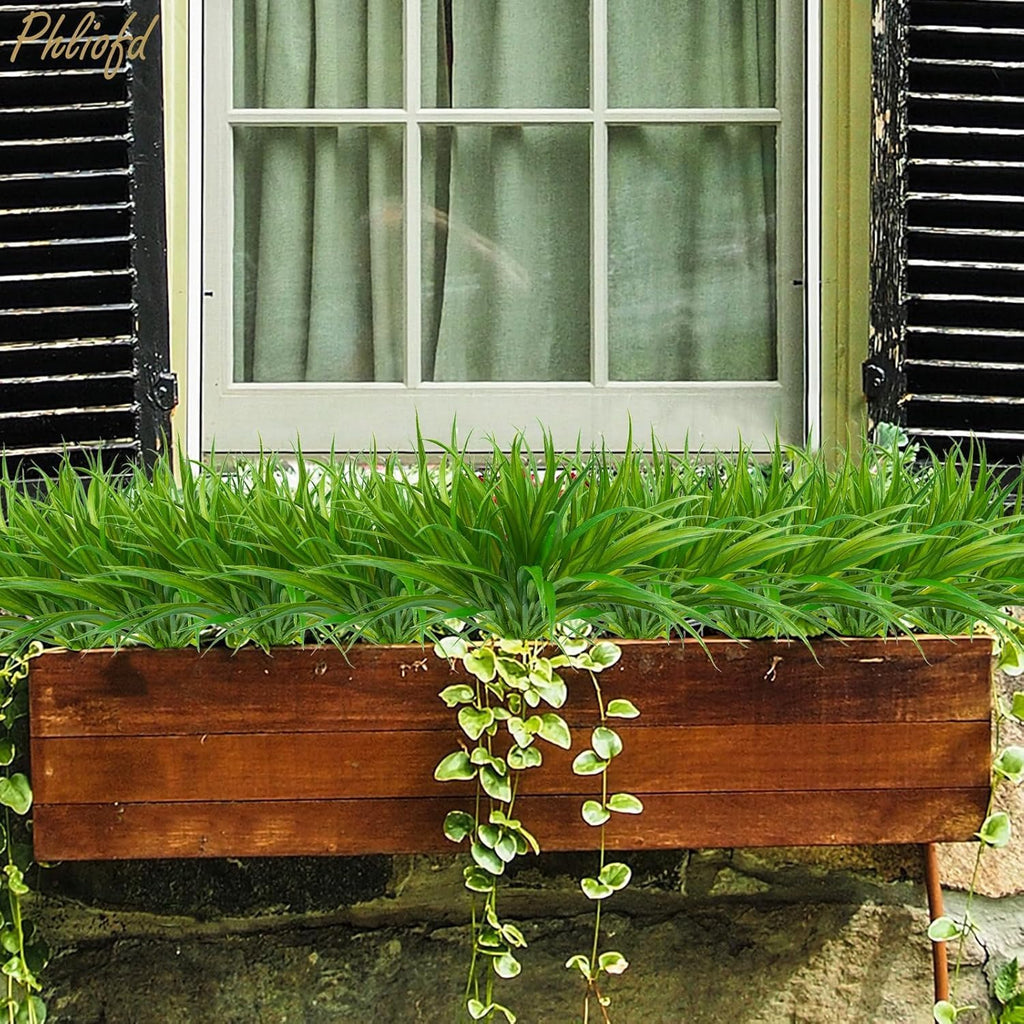 32 Pcs Artificial Grass Fake Plants 17.3in Outdoor Plants UV Resistant Faux Greenery Stems Fake Grass for Home Window Garden Office Patio Pathway Front Porch Halloween Décor Green