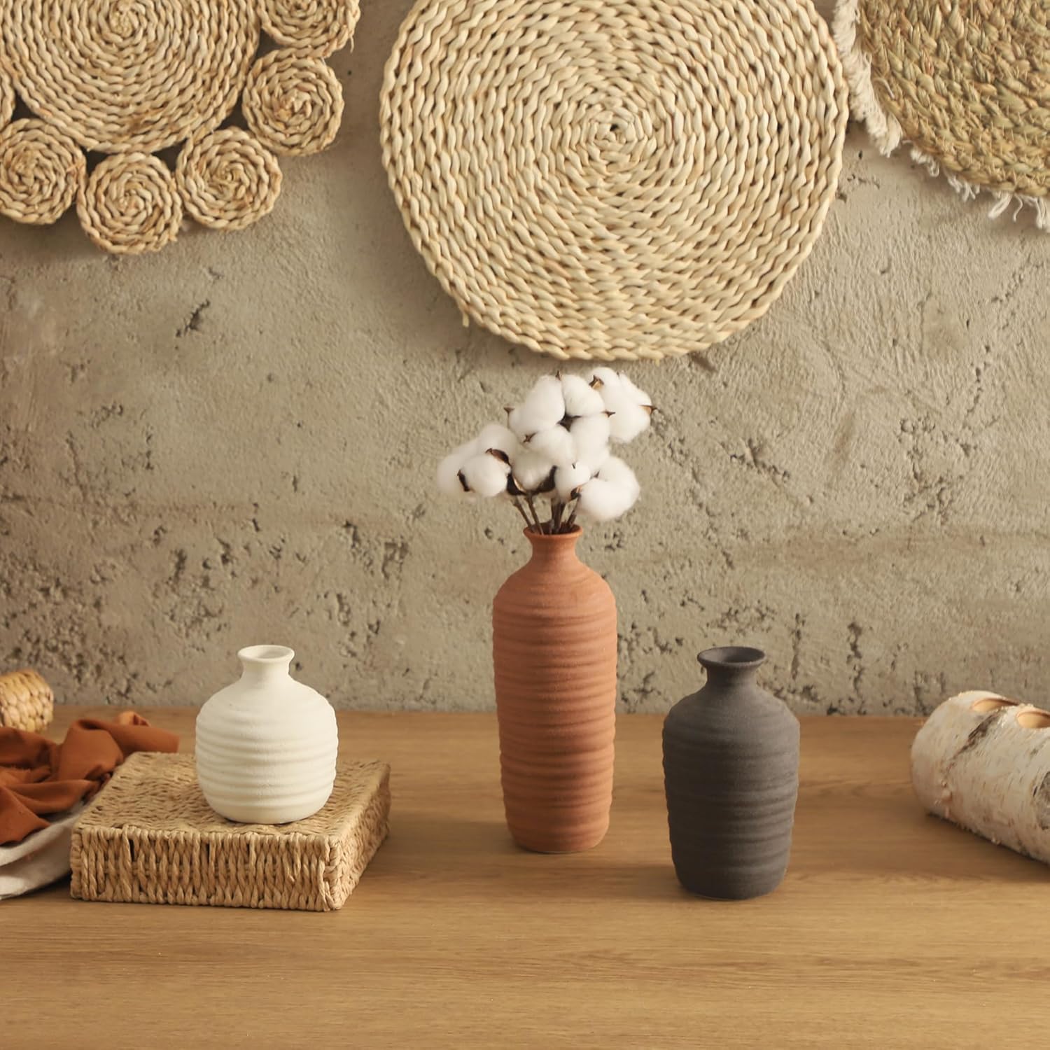 Ceramic Vase Set of 3 Neutral Decorative Vase for Farmhouse, Boho, or Rustic Home Decor Pottery Vases for Pampas Grass Living Room Bedroom Table Mantel Entryway Shelf (01-Brown)