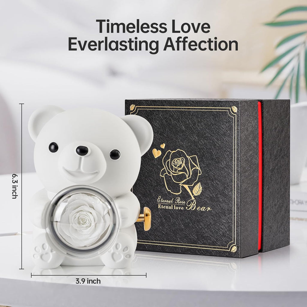 Cute Teddy Bear with Preserved Rose - A Real Rose Flower in Bear with Elegant Gift Box - Romantic Gift for Her in Mother's Day, Weddings, Anniversaries, and Bridal Showers (White)