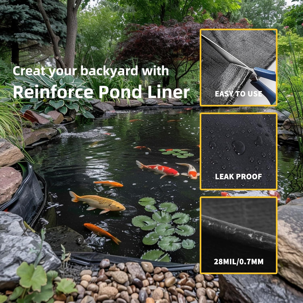 TEZONG Pond Liner,20x30Ft Pond Liners for Outdoor,28Mil PE Black Koi Fish Pond Liners,Reinforced Pond Underlayment for Ponds,Water Gardens,Waterfall, Stream, Fountains,Aquaculture,Agricultural