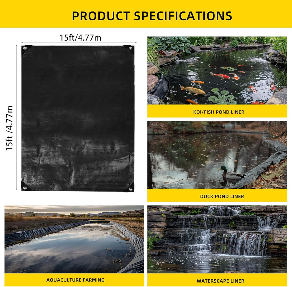TEZONG Pond Liner,15x15Ft Pond Liners for Outdoor,28Mil PE Black Koi Fish Pond Liners,Reinforced Pond Underlayment for Water Garden,Waterfall,Fountain