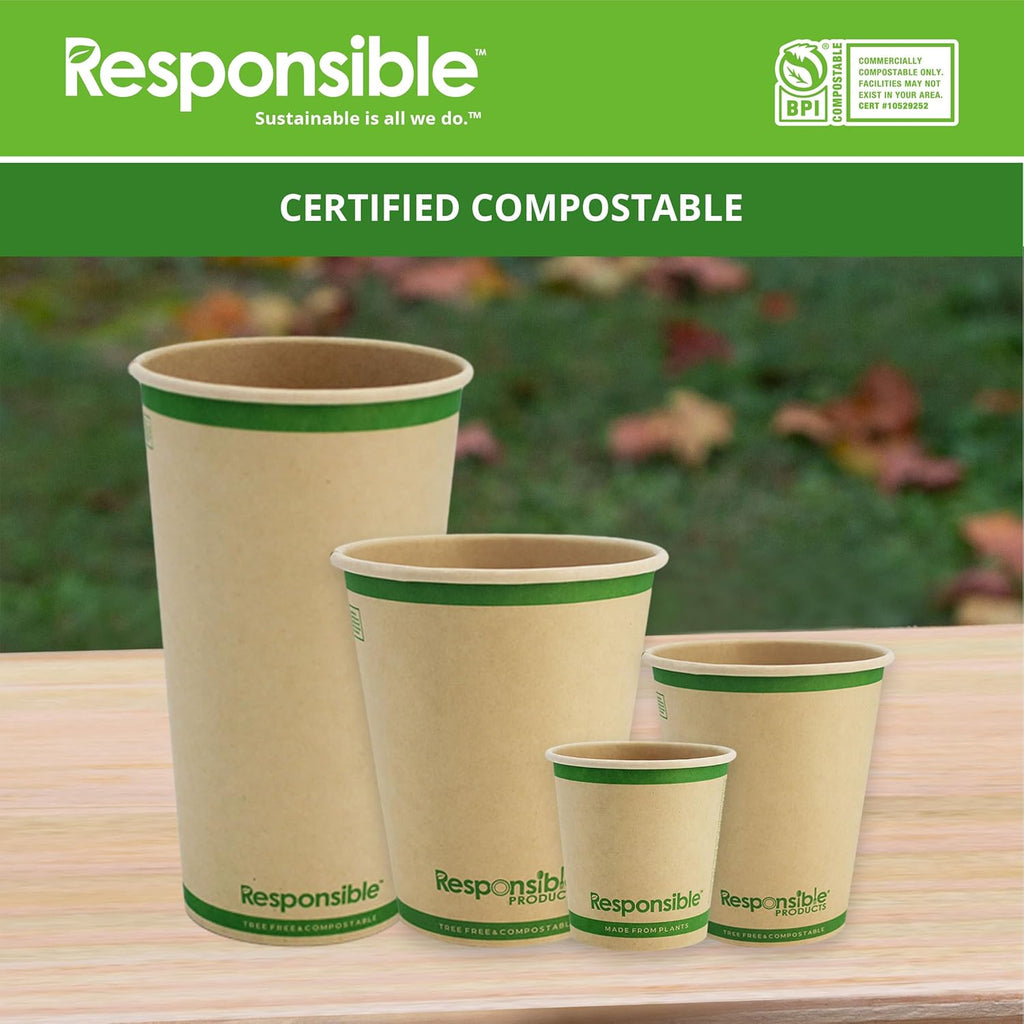 8 oz Paper Hot Cups (Squat), Tree-Less™ Compostable Paper Coffee Cups, Extra Strength, Tree-Free and Made Without PFAS, Natural Brown (1000 Count)